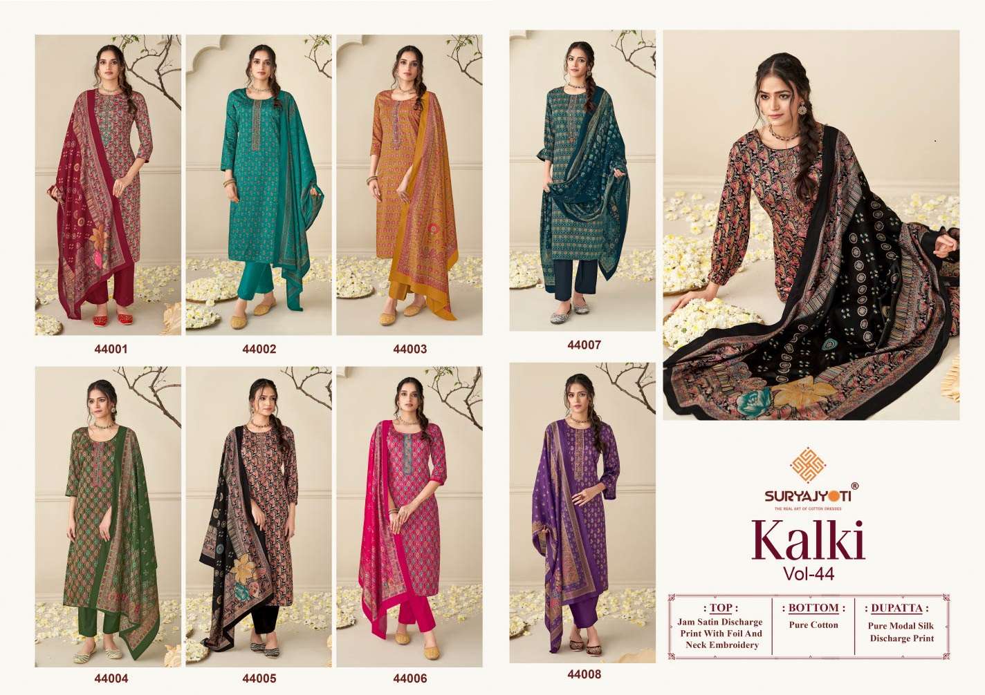 SURYAJYOTI KALKI VOL 44 JAM SATIN PRINT WITH FANCY EMBROIDERY WORK SUIT