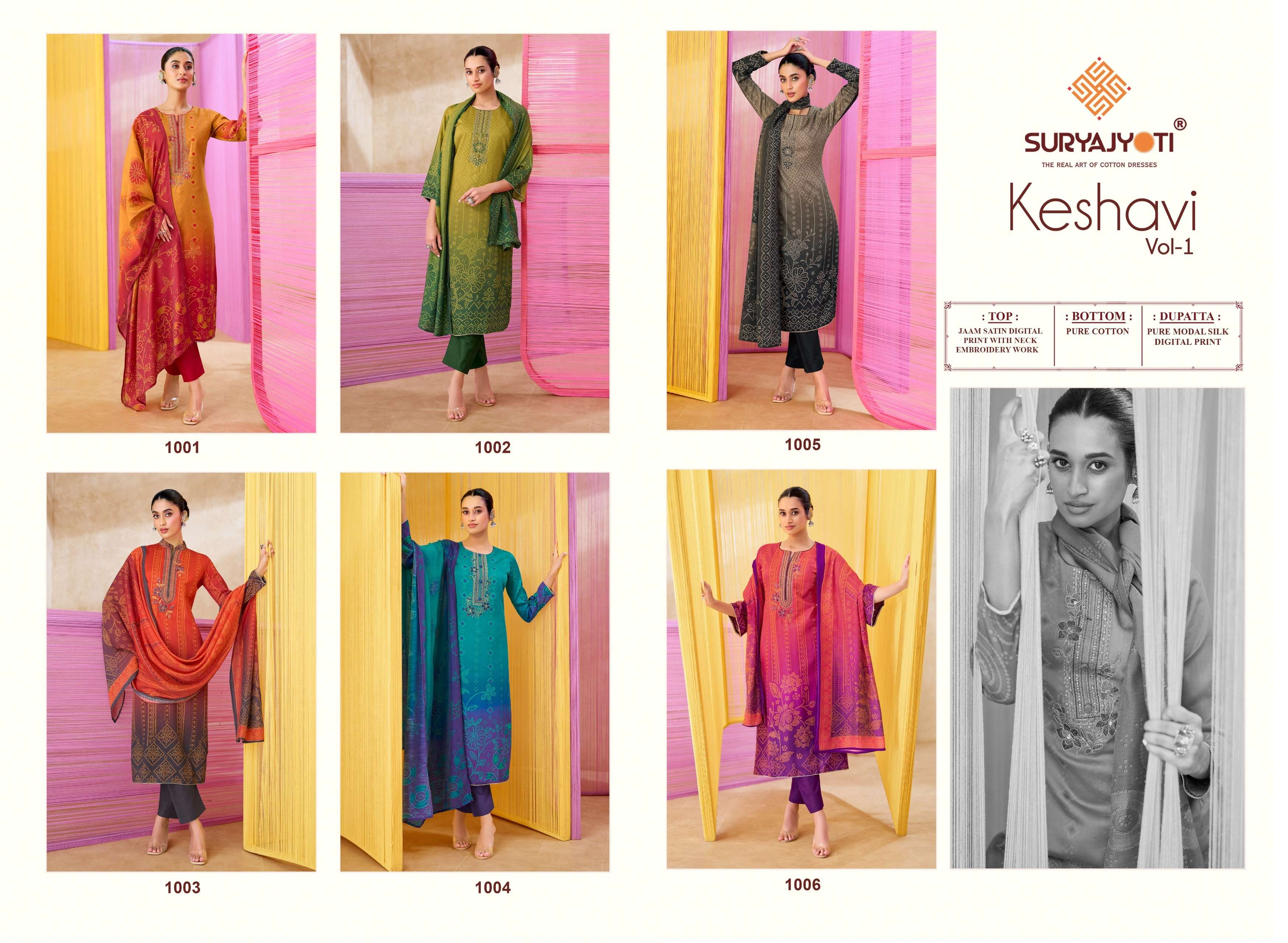 SURYAJYOTI KESHAVI VOL 1 JAM SATIN DIGITAL PRINT EMBROIDERY WORKS SUIT 