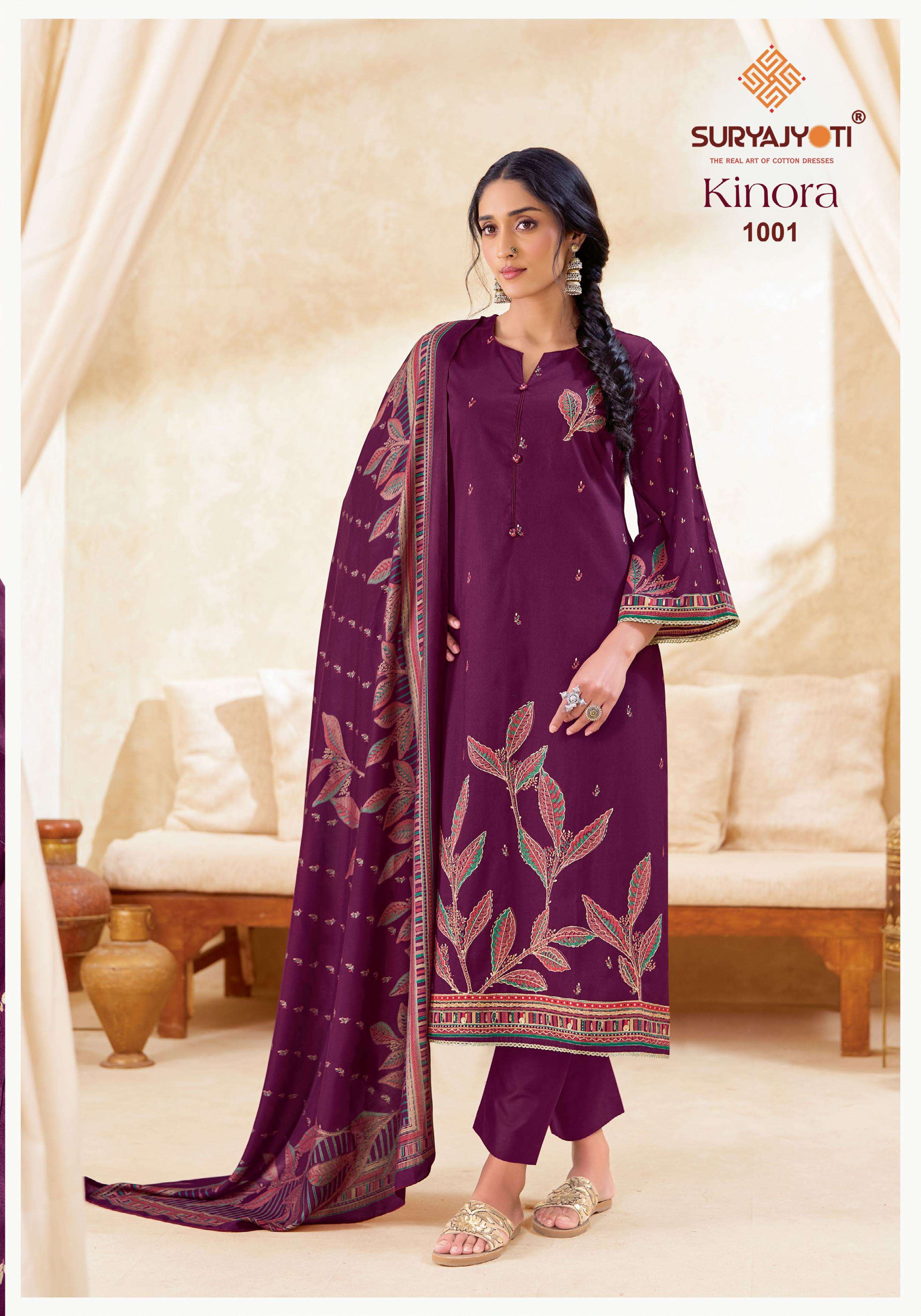 SURYAJYOTI KINORA VOL 1 JAM SATIN PRINT WITH FANCY WORK SUIT