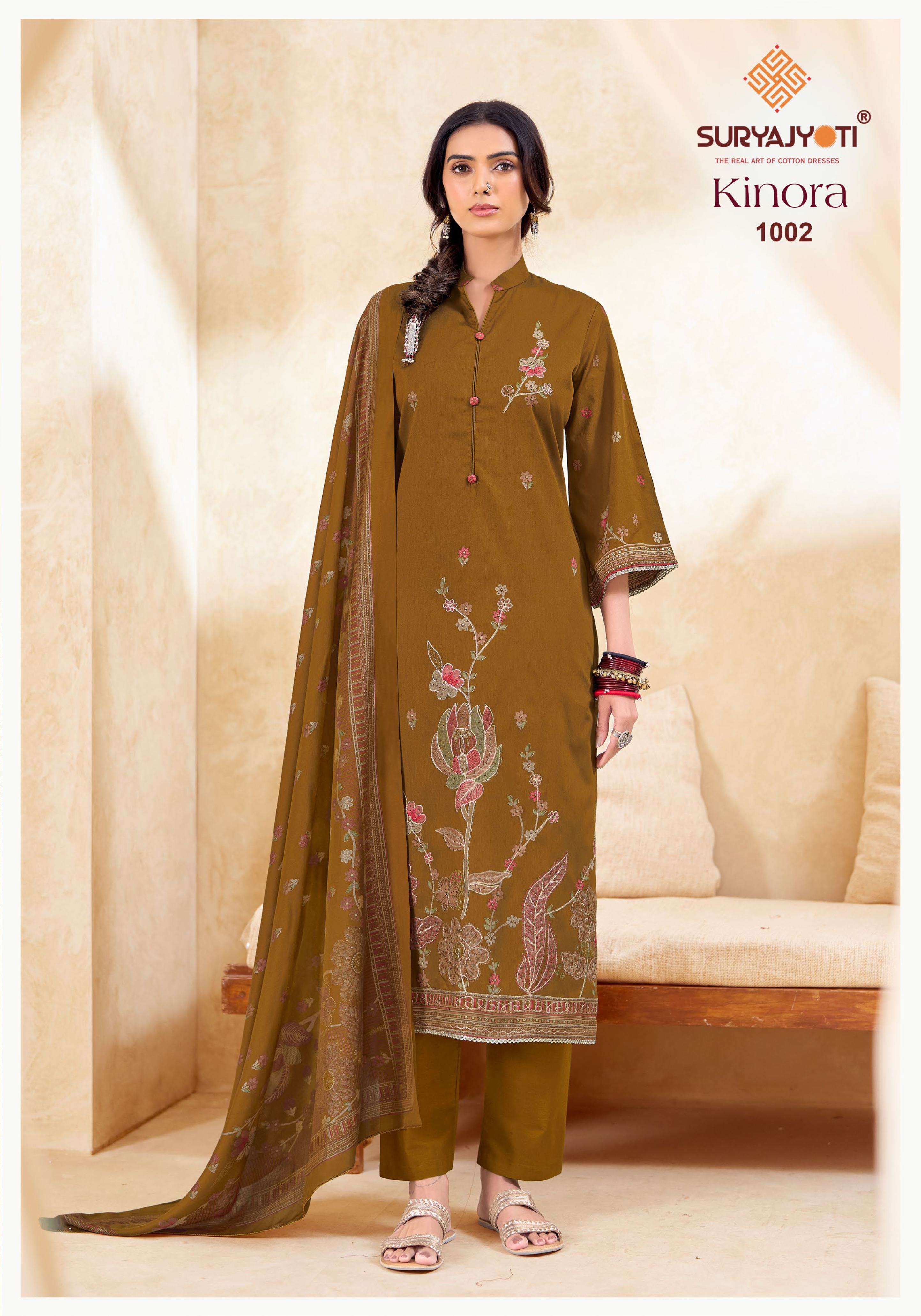 SURYAJYOTI KINORA VOL 1 JAM SATIN PRINT WITH FANCY WORK SUIT