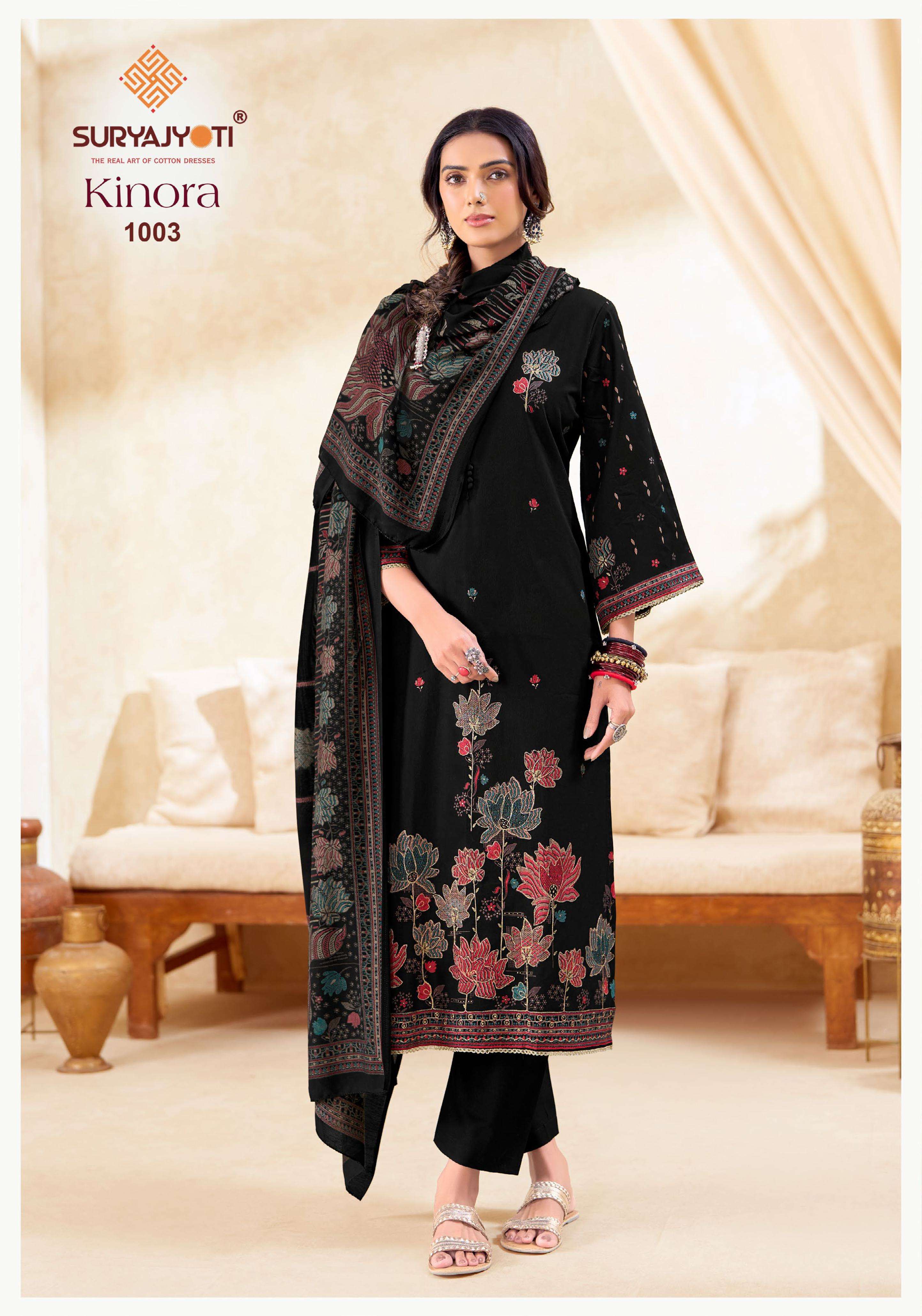 SURYAJYOTI KINORA VOL 1 JAM SATIN PRINT WITH FANCY WORK SUIT