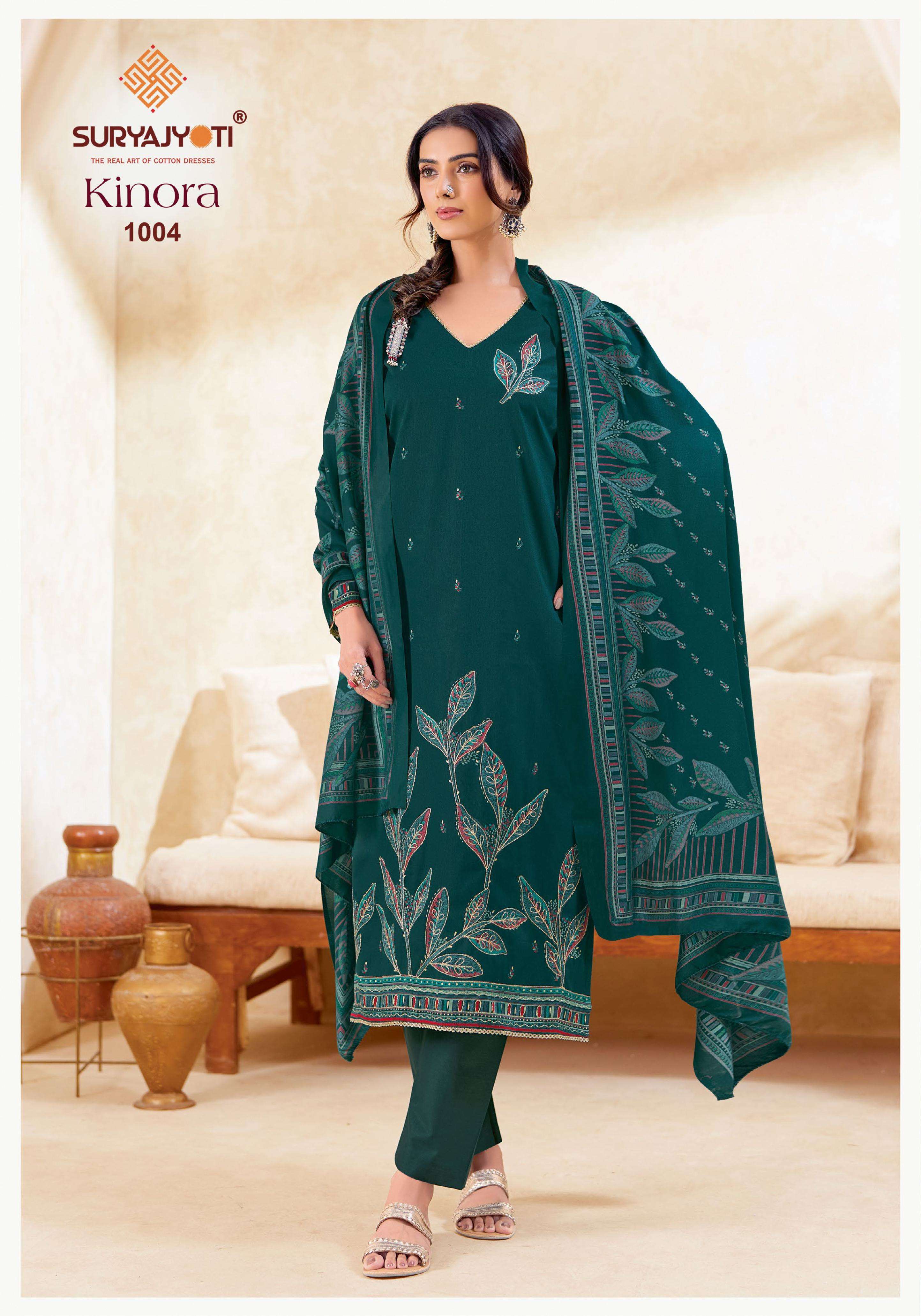 SURYAJYOTI KINORA VOL 1 JAM SATIN PRINT WITH FANCY WORK SUIT