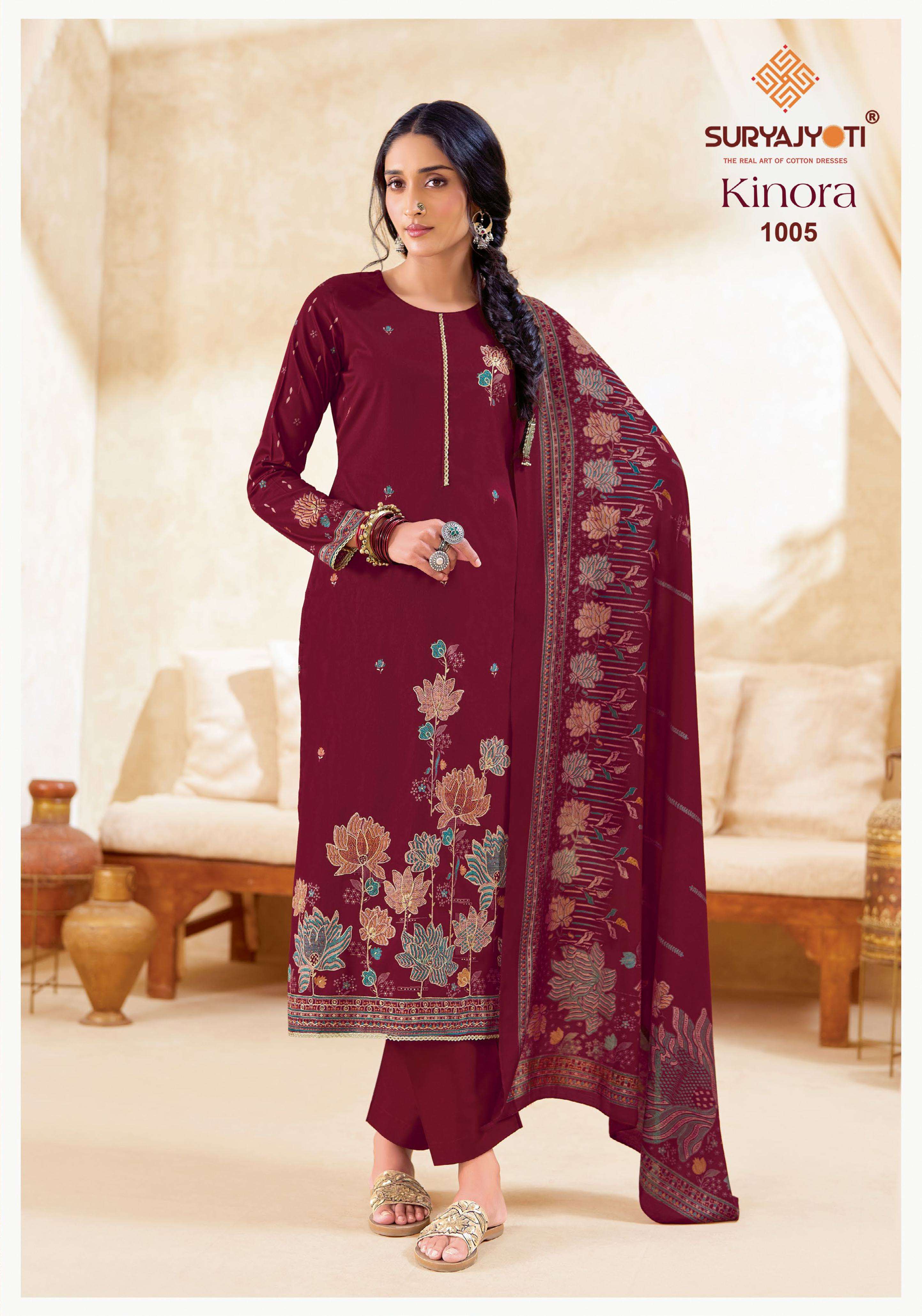 SURYAJYOTI KINORA VOL 1 JAM SATIN PRINT WITH FANCY WORK SUIT