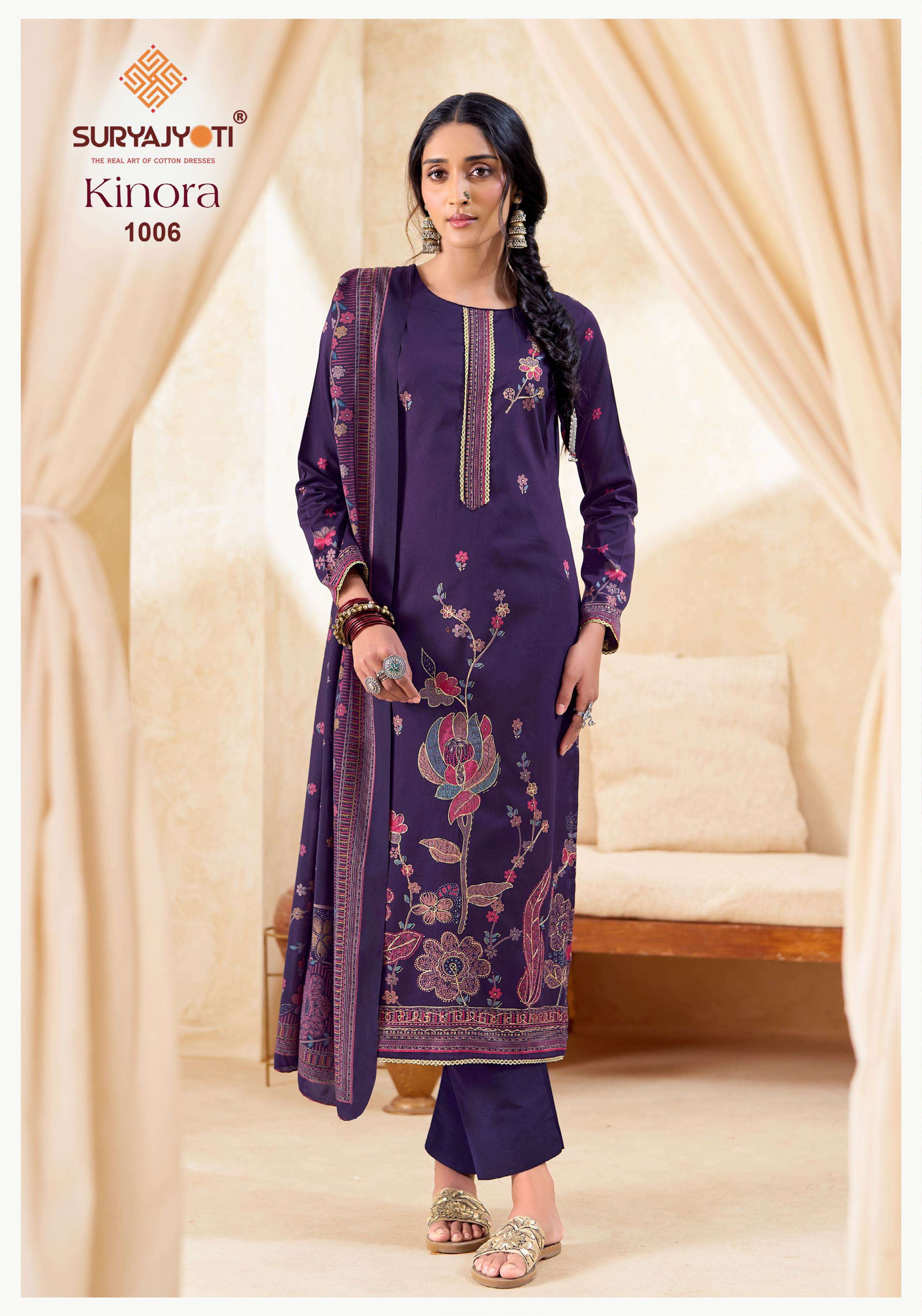 SURYAJYOTI KINORA VOL 1 JAM SATIN PRINT WITH FANCY WORK SUIT