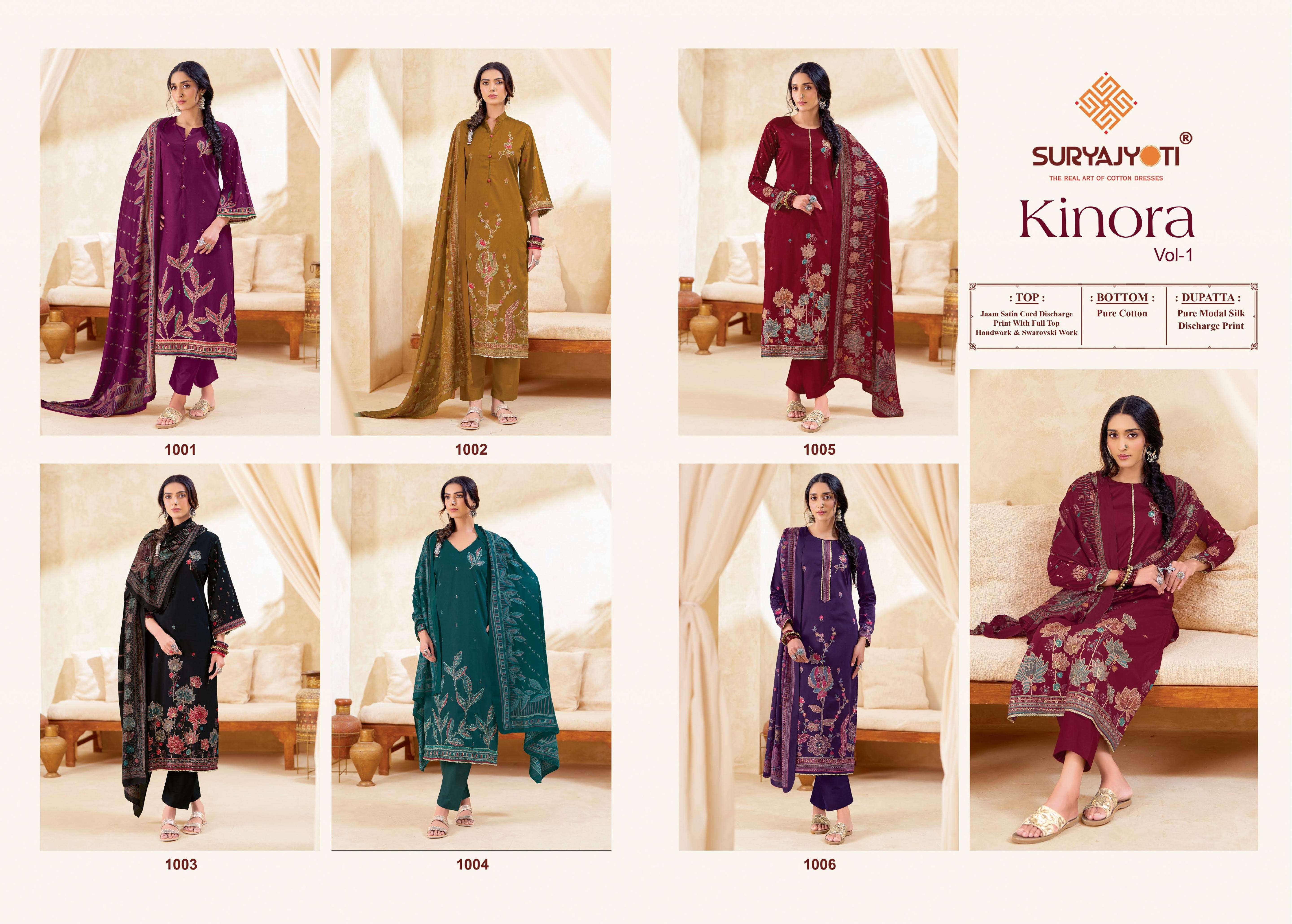 SURYAJYOTI KINORA VOL 1 JAM SATIN PRINT WITH FANCY WORK SUIT