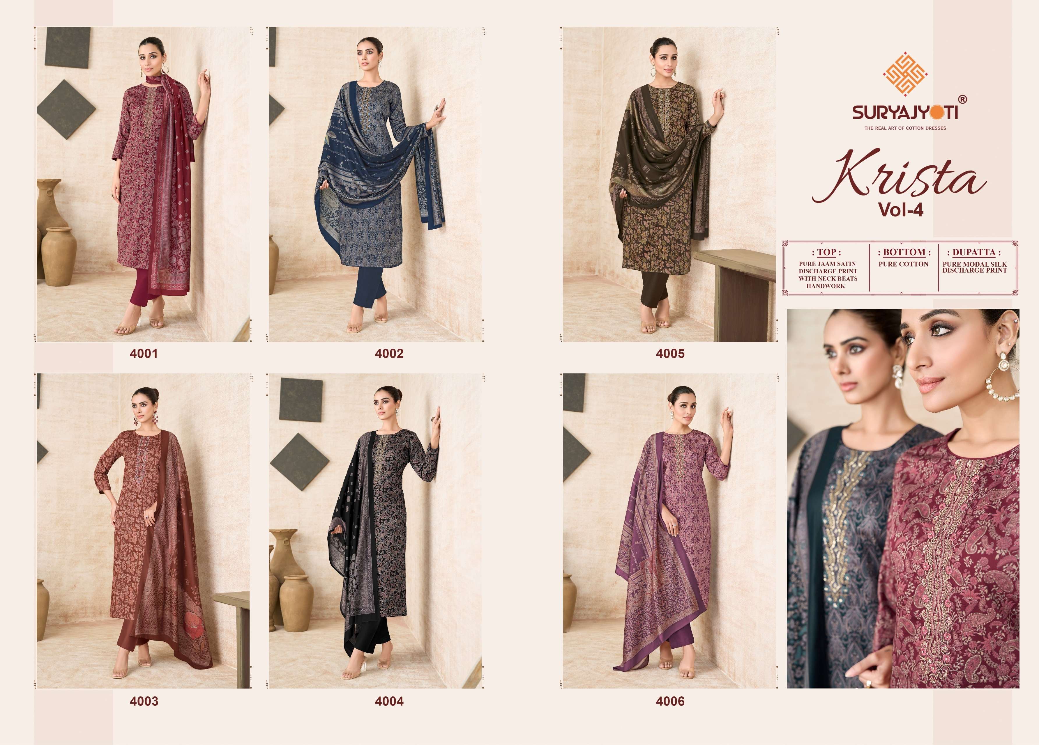 SURYAJYOTI KRISTA VOL 4 JAM SATIN PRINT WITH EMBROIDERY WORK SUIT