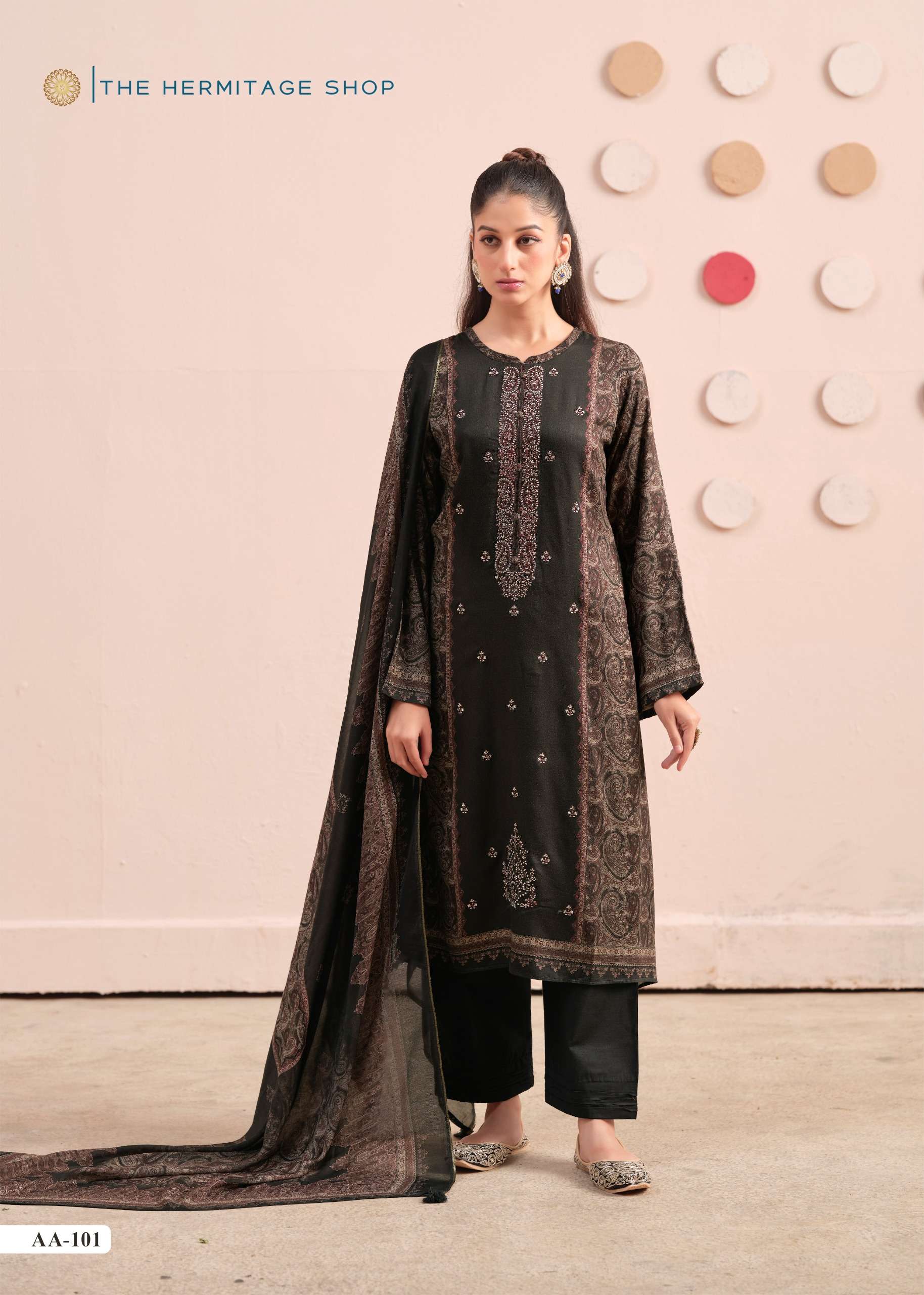 THE HERMITAGE SHOP AARANYA VOL 6 GIZA SATIN DIGITAL PRINTS WITH FANCY WORK SUIT