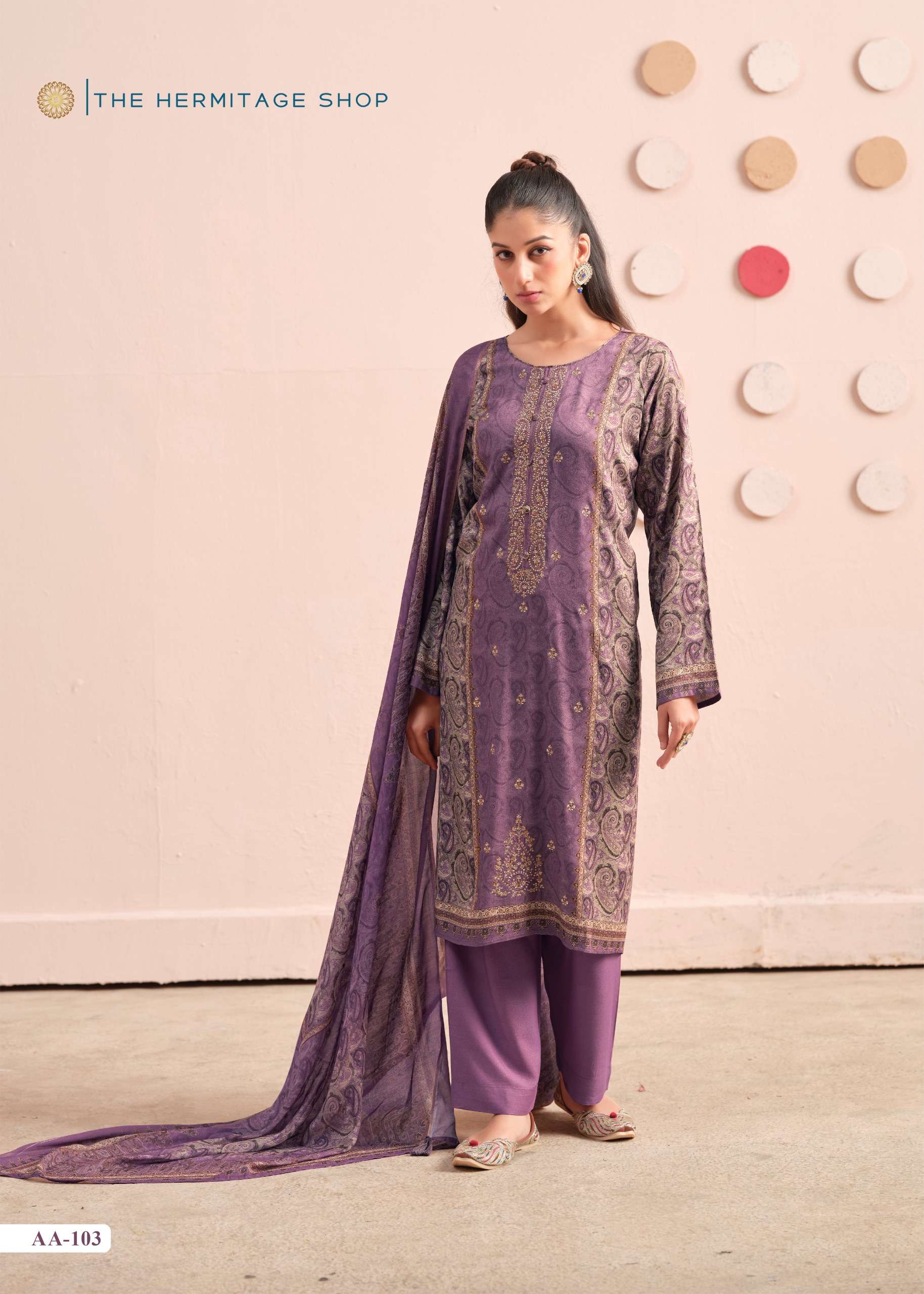 THE HERMITAGE SHOP AARANYA VOL 6 GIZA SATIN DIGITAL PRINTS WITH FANCY WORK SUIT