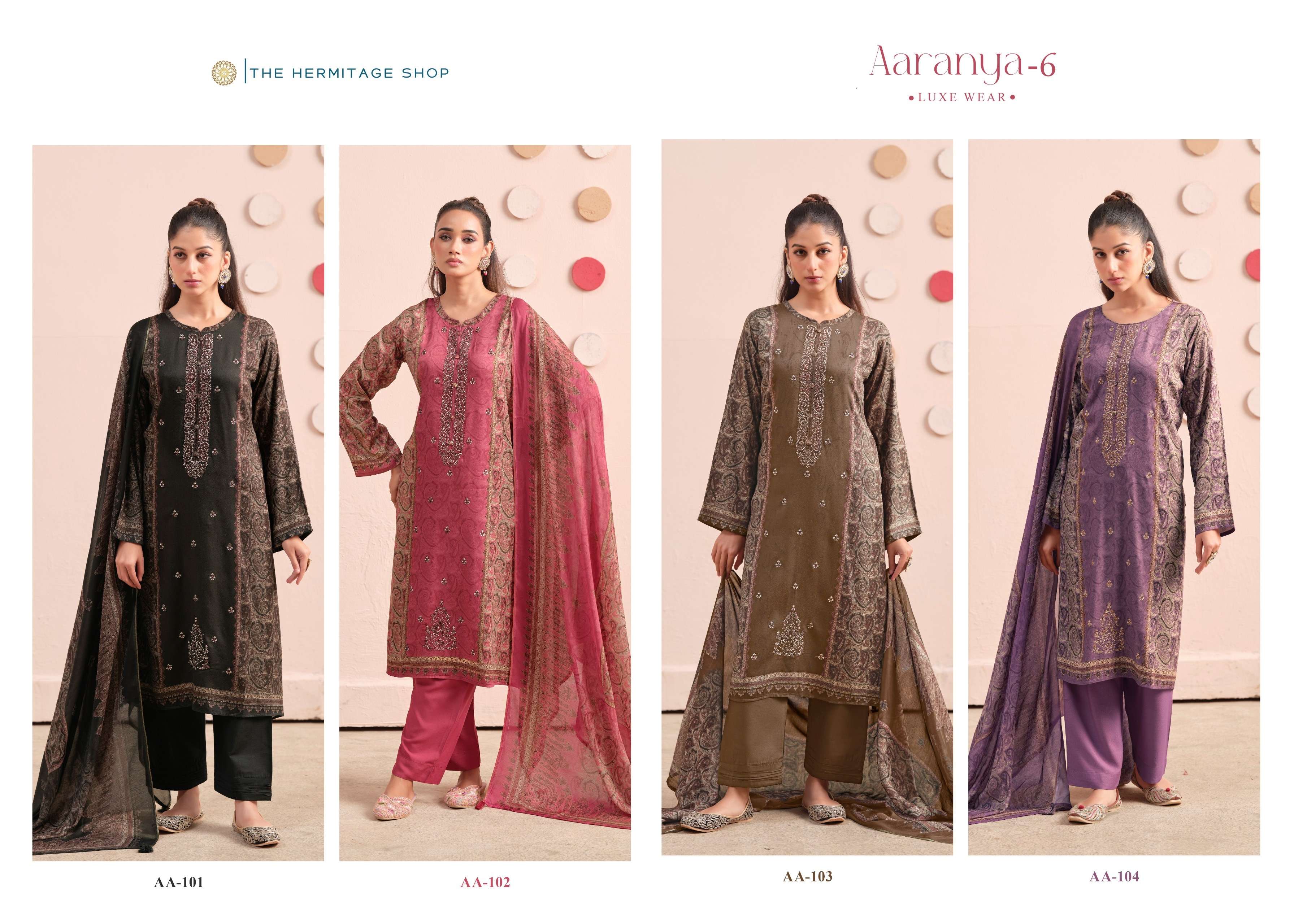 THE HERMITAGE SHOP AARANYA VOL 6 GIZA SATIN DIGITAL PRINTS WITH FANCY WORK SUIT