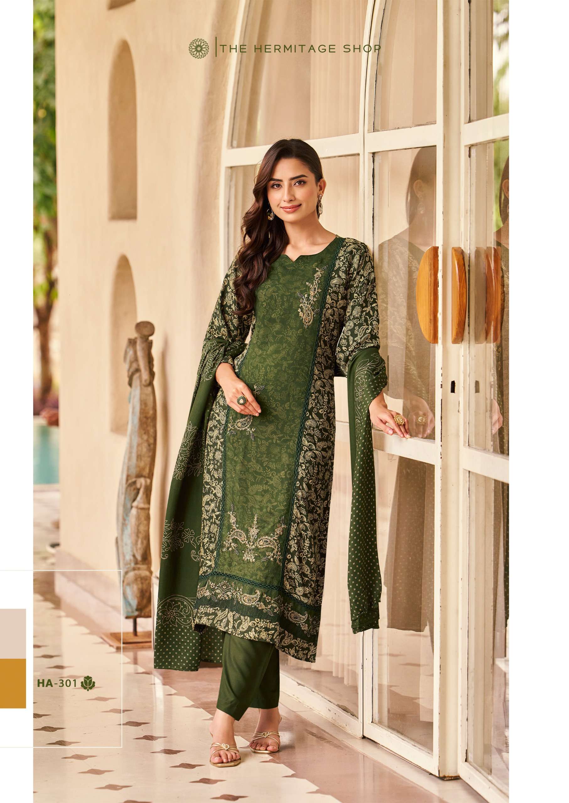THE HERMITAGE SHOP HASSAL VISCOSE COTTON PRINT WITH FANCY WORK SUIT 
