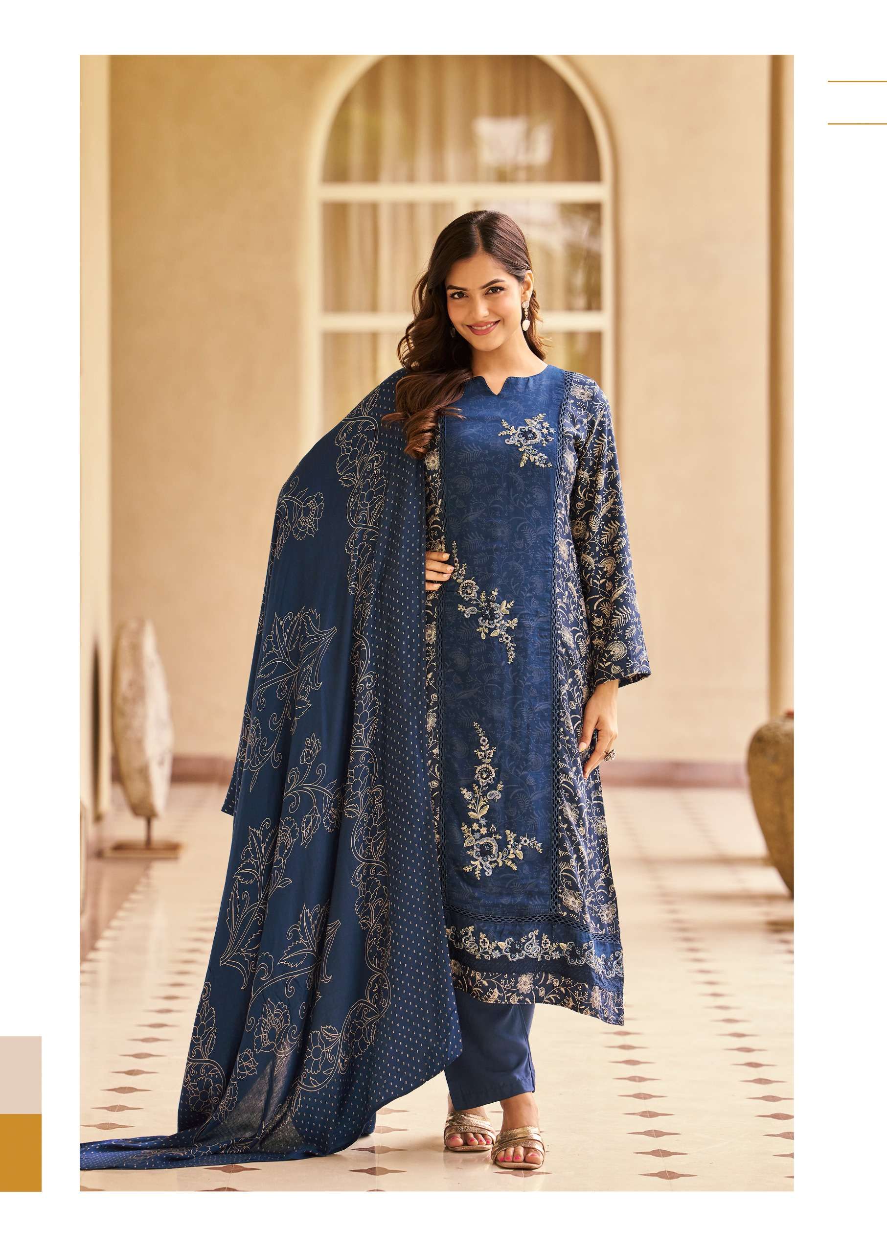 THE HERMITAGE SHOP HASSAL VISCOSE COTTON PRINT WITH FANCY WORK SUIT 