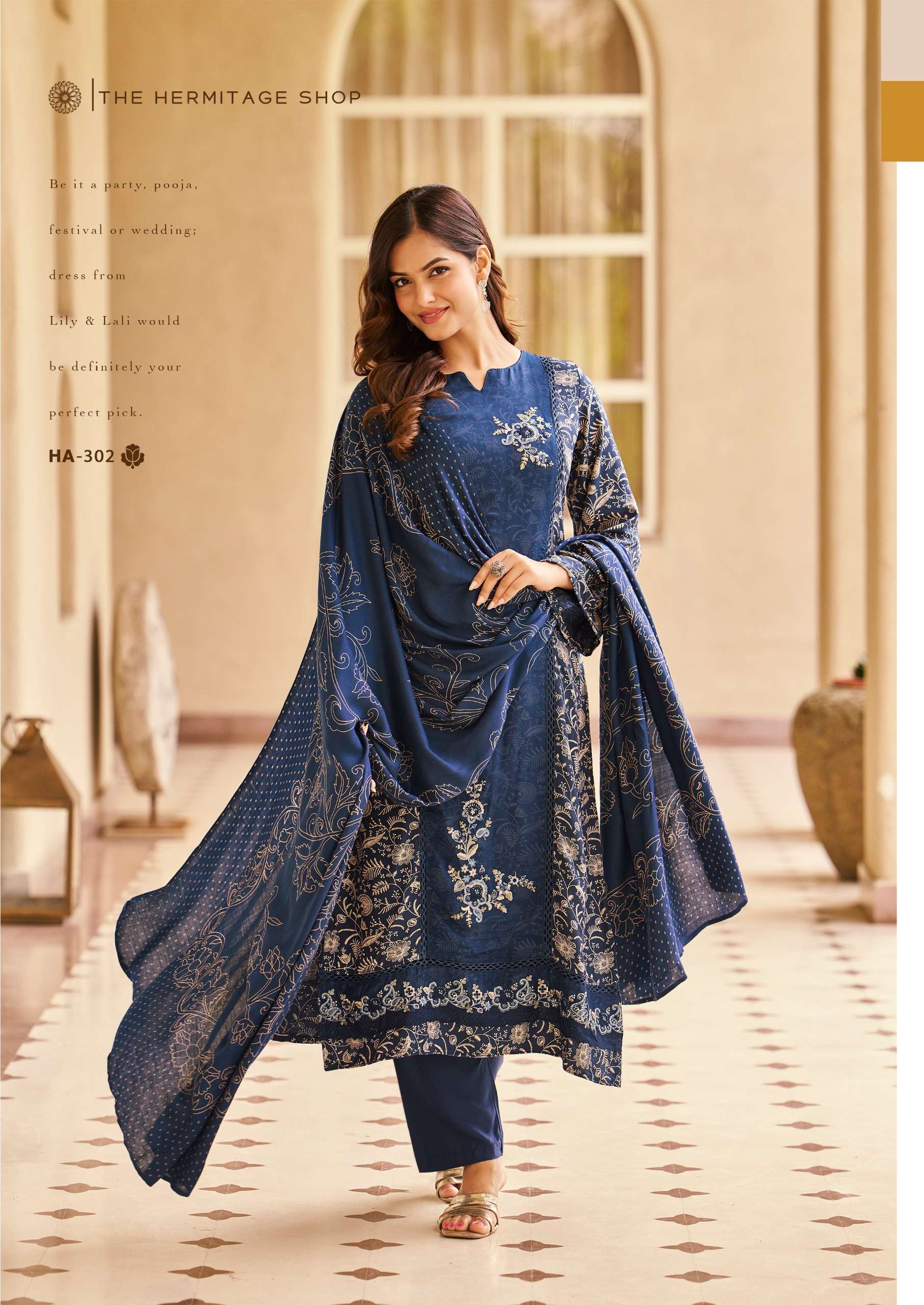 THE HERMITAGE SHOP HASSAL VISCOSE COTTON PRINT WITH FANCY WORK SUIT 