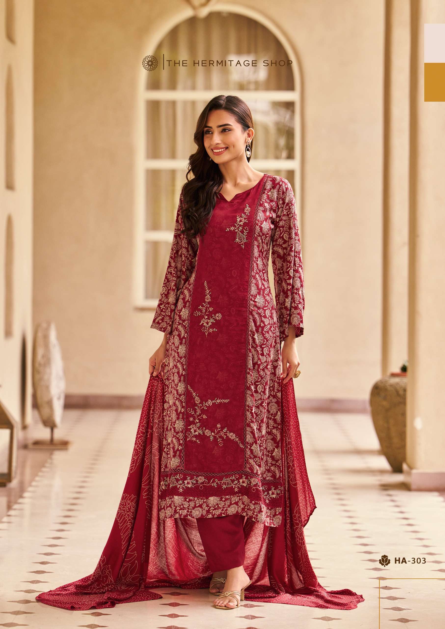 THE HERMITAGE SHOP HASSAL VISCOSE COTTON PRINT WITH FANCY WORK SUIT 