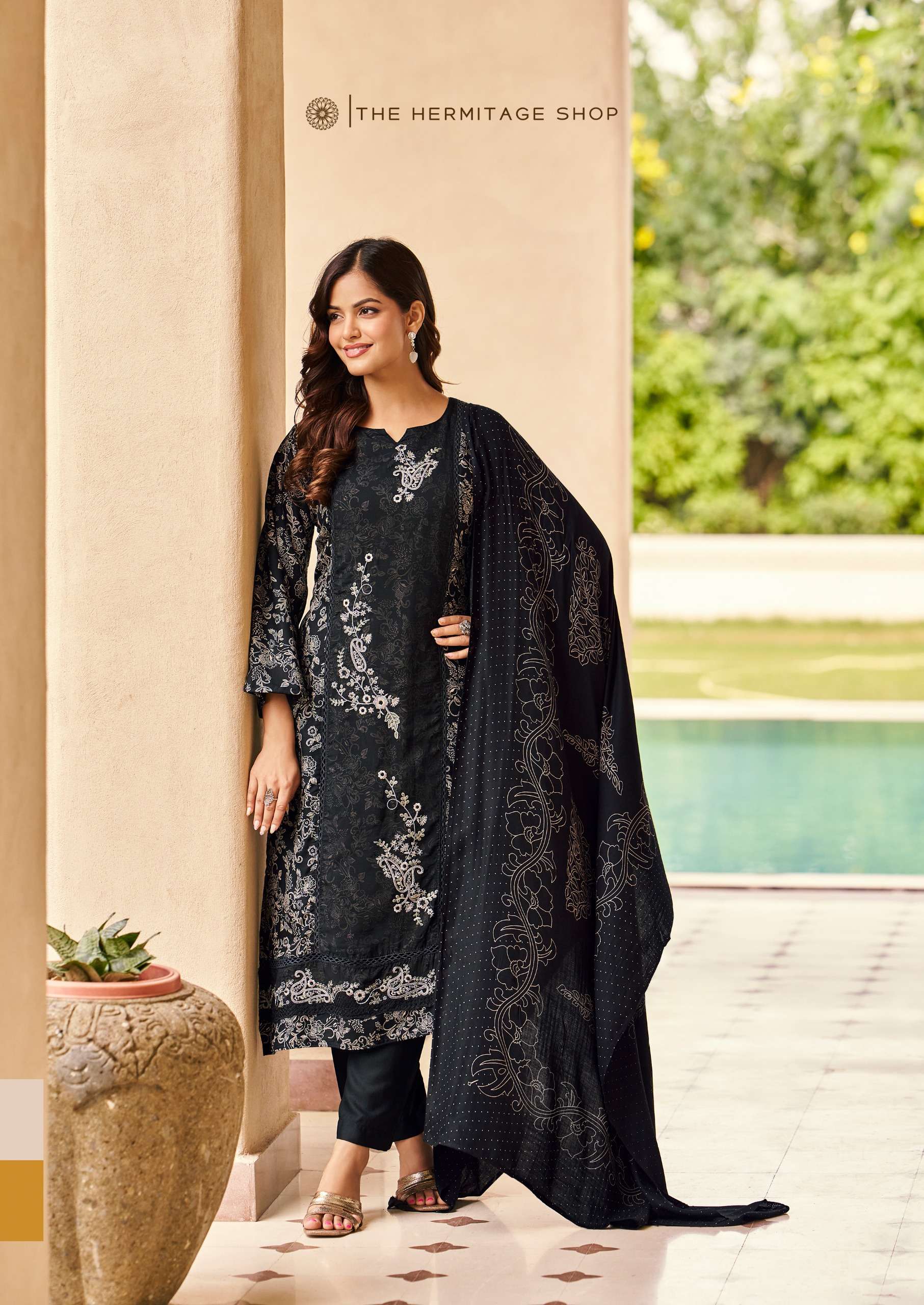 THE HERMITAGE SHOP HASSAL VISCOSE COTTON PRINT WITH FANCY WORK SUIT 