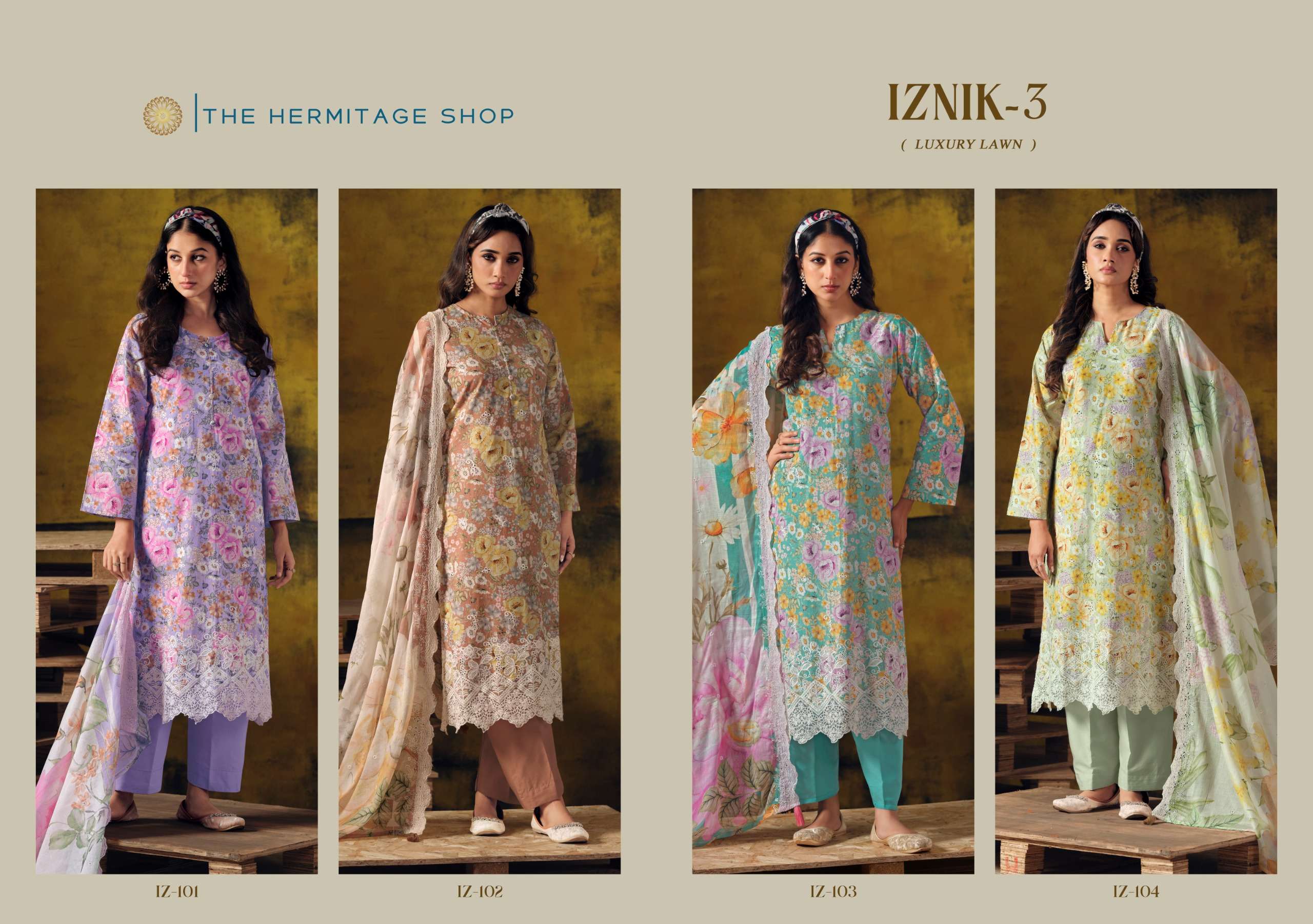 THE HERMITAGE SHOP IZNIK VOL 3 LAWN COTTON DIGITAL PRINT WITH FANCY WORK SUIT