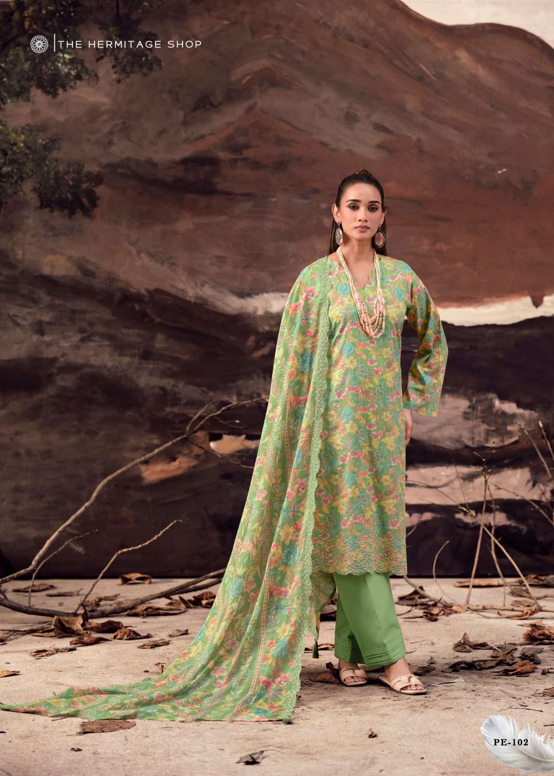 THE HERMITAGE SHOP PETALS IN MAL LAWN COTTON PRINTED WITH SCHIFFLI EMBROIDERY WORKS SUIT