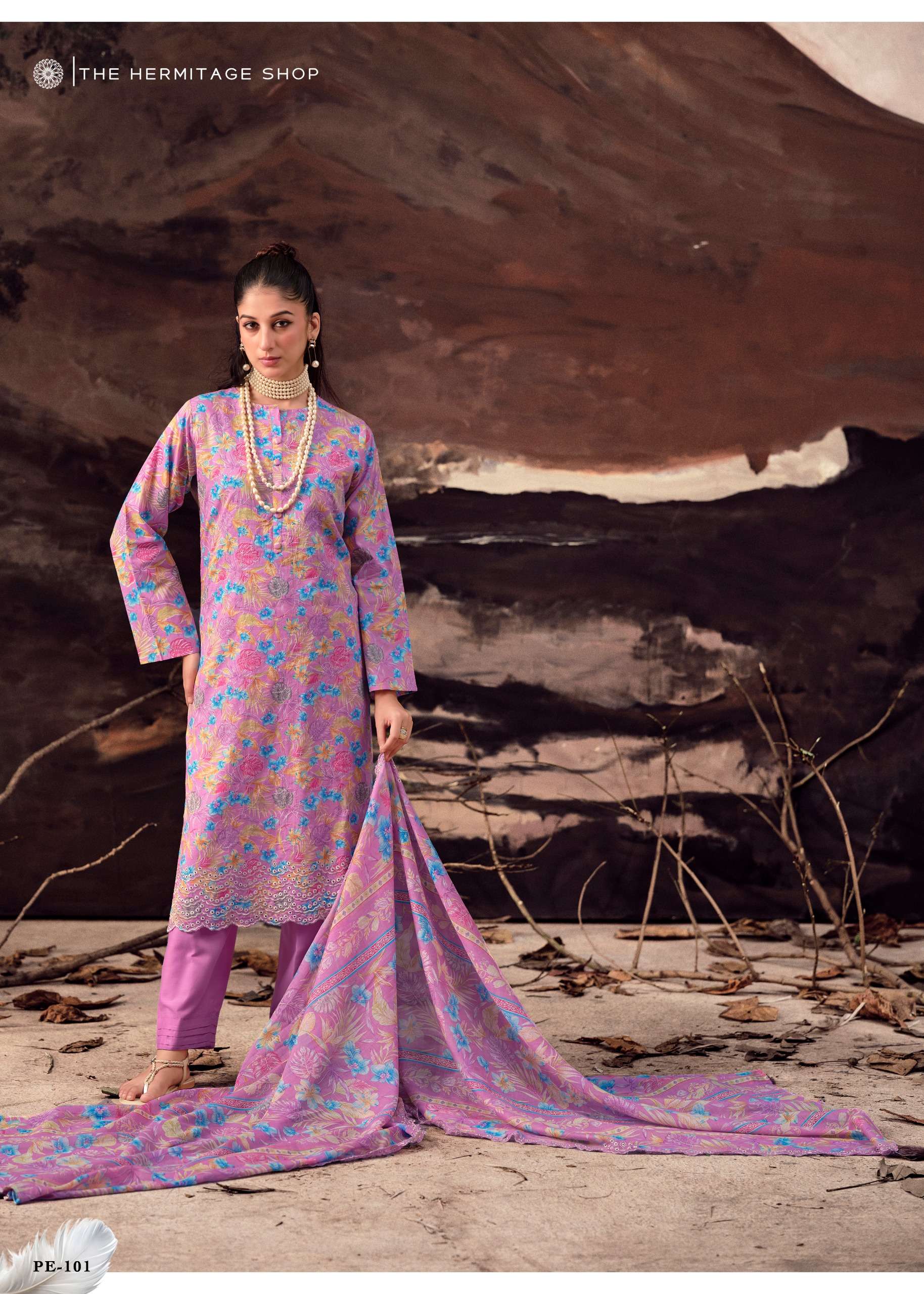 THE HERMITAGE SHOP PETALS IN MAL LAWN COTTON PRINTED WITH SCHIFFLI EMBROIDERY WORKS SUIT
