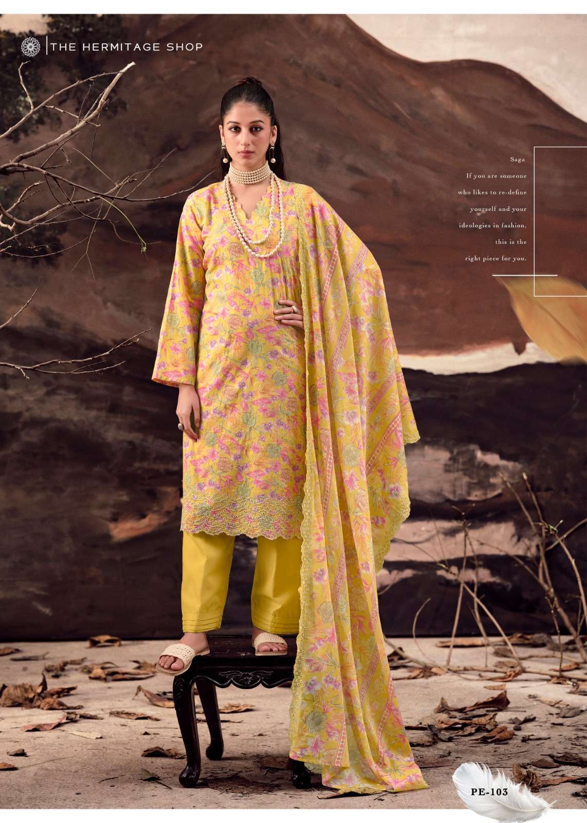 THE HERMITAGE SHOP PETALS IN MAL LAWN COTTON PRINTED WITH SCHIFFLI EMBROIDERY WORKS SUIT