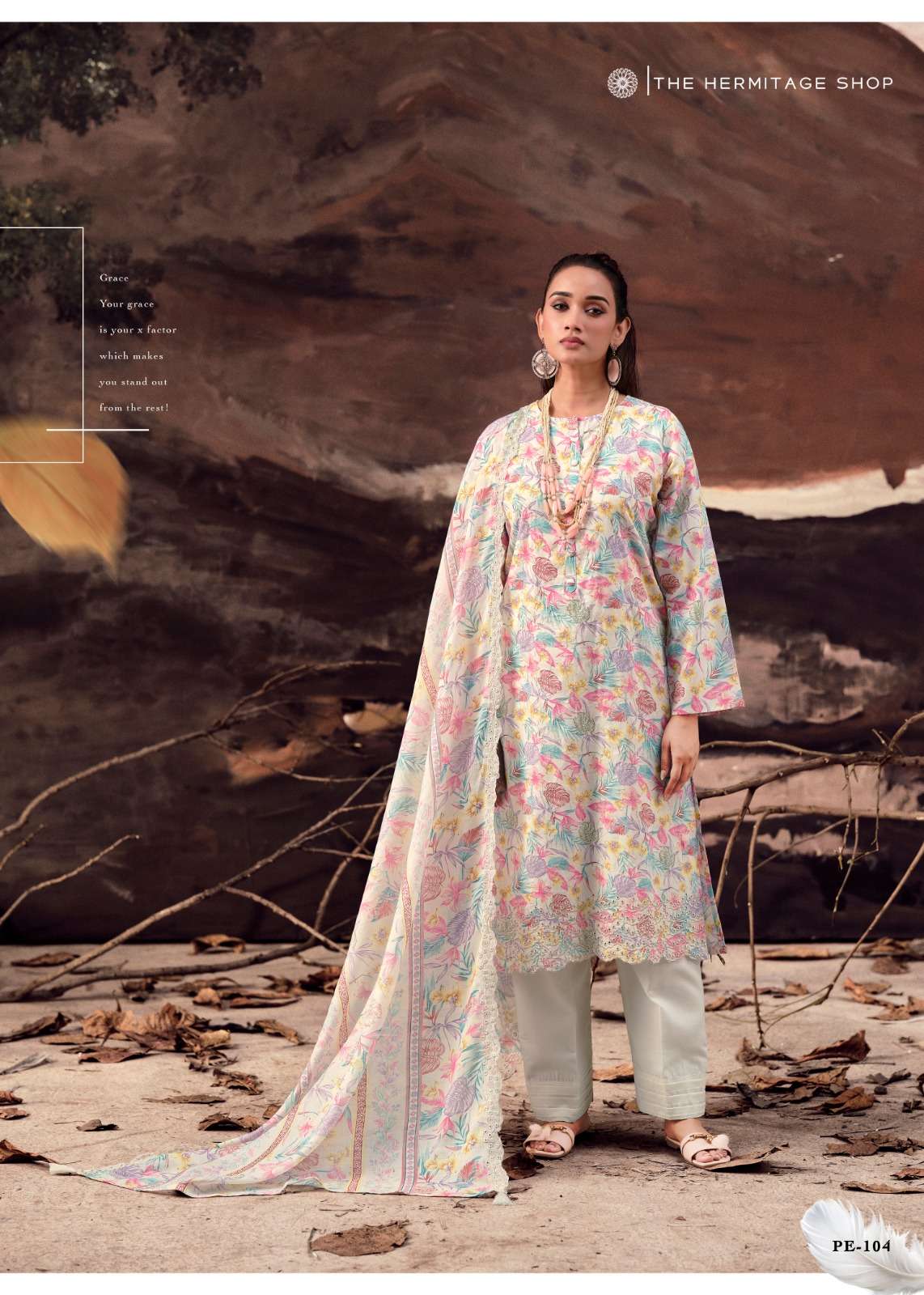 THE HERMITAGE SHOP PETALS IN MAL LAWN COTTON PRINTED WITH SCHIFFLI EMBROIDERY WORKS SUIT