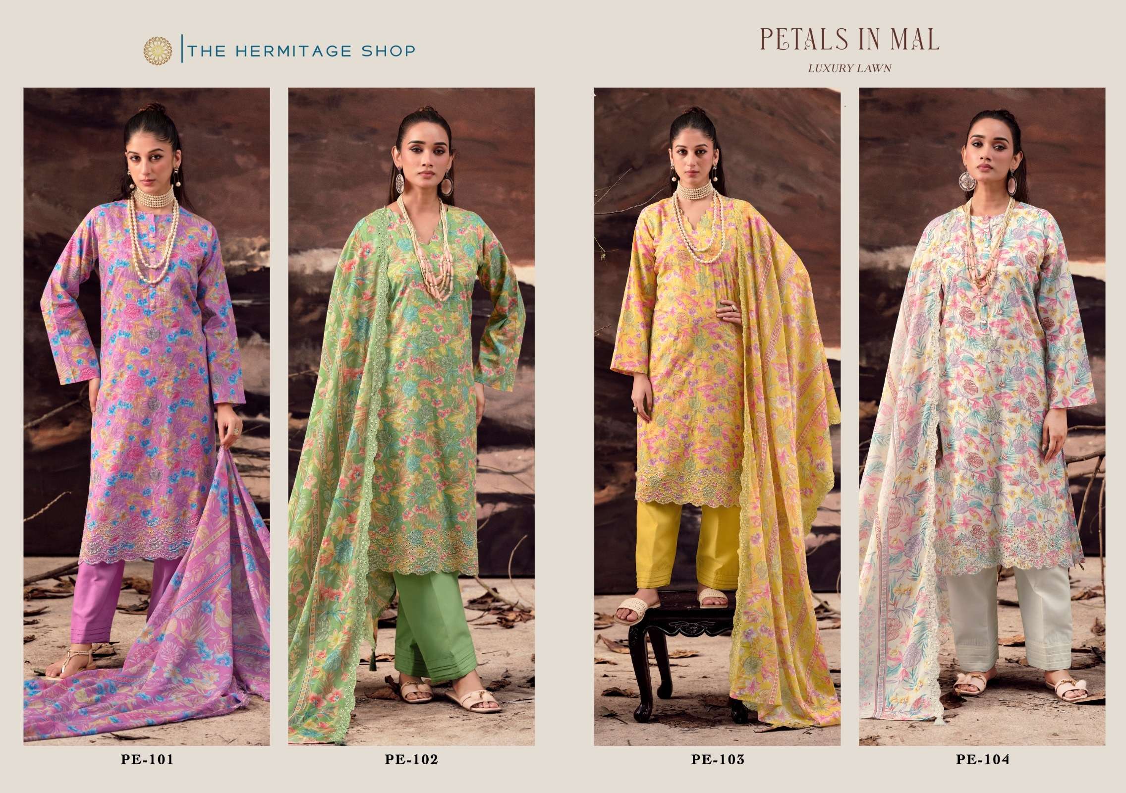 THE HERMITAGE SHOP PETALS IN MAL LAWN COTTON PRINTED WITH SCHIFFLI EMBROIDERY WORKS SUIT