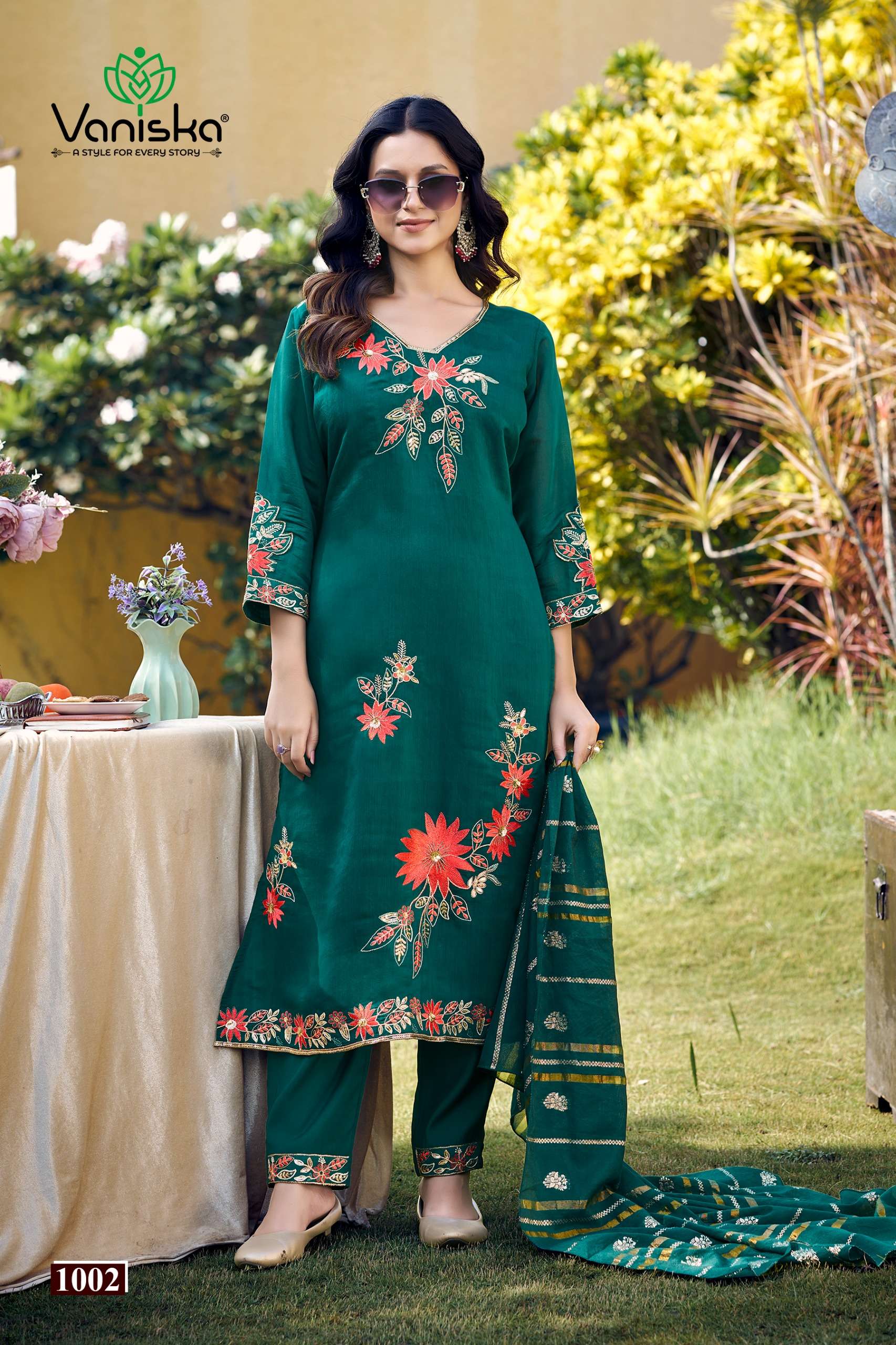 VANISKA GULZAR CHANDERI SILK FANCY EMBROIDERIES STRAIGHT KURTI WITH PANT &  DUPATTA SET
