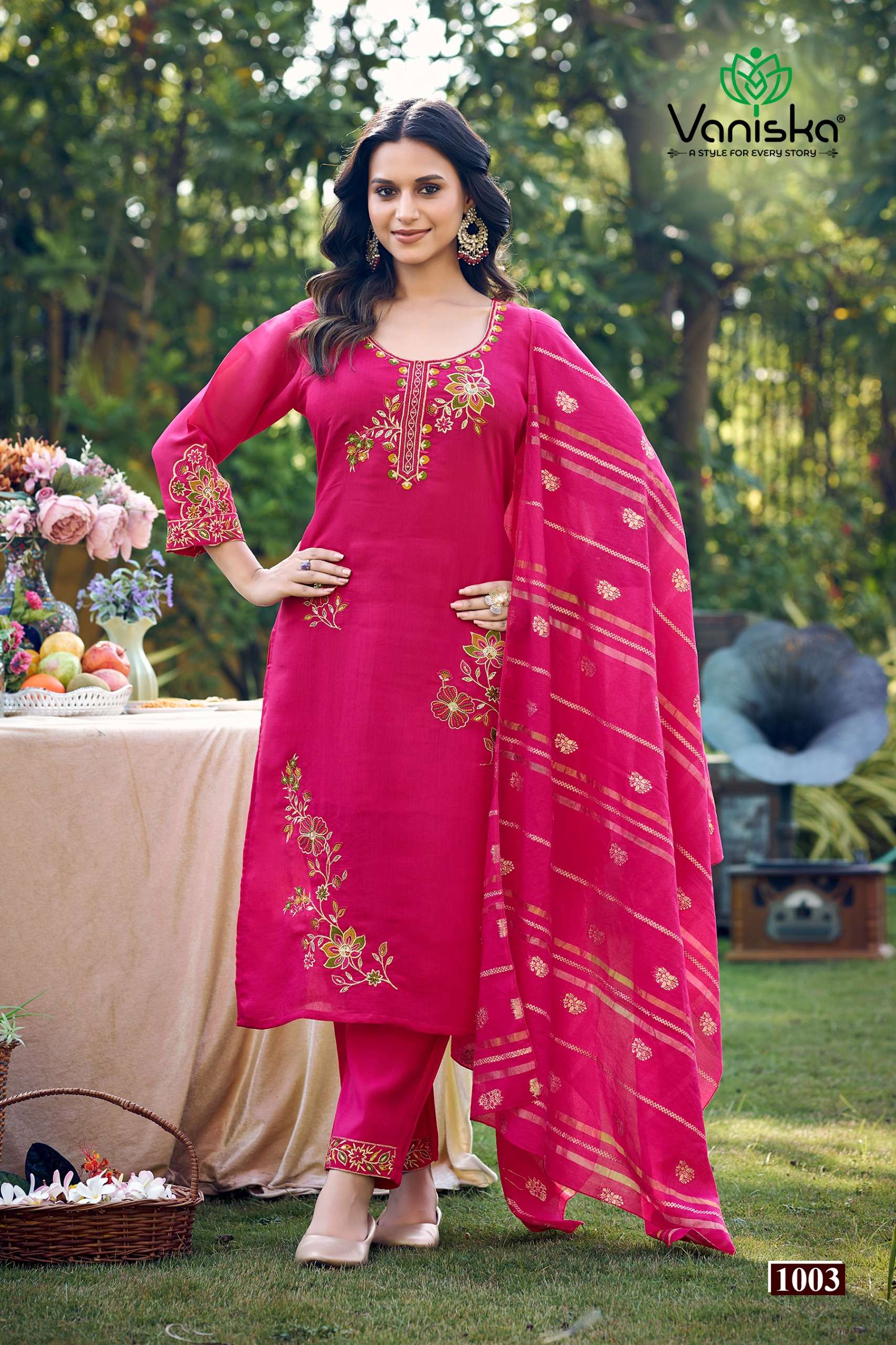 VANISKA GULZAR CHANDERI SILK FANCY EMBROIDERIES STRAIGHT KURTI WITH PANT &  DUPATTA SET