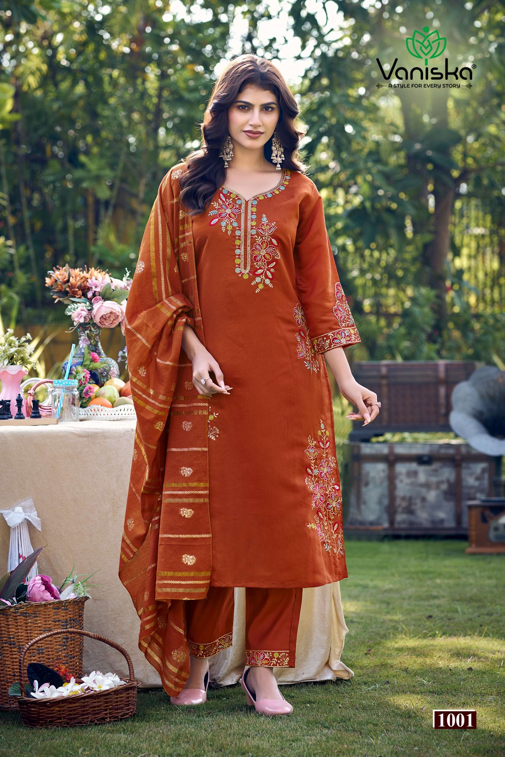 VANISKA GULZAR CHANDERI SILK FANCY EMBROIDERIES STRAIGHT KURTI WITH PANT &  DUPATTA SET