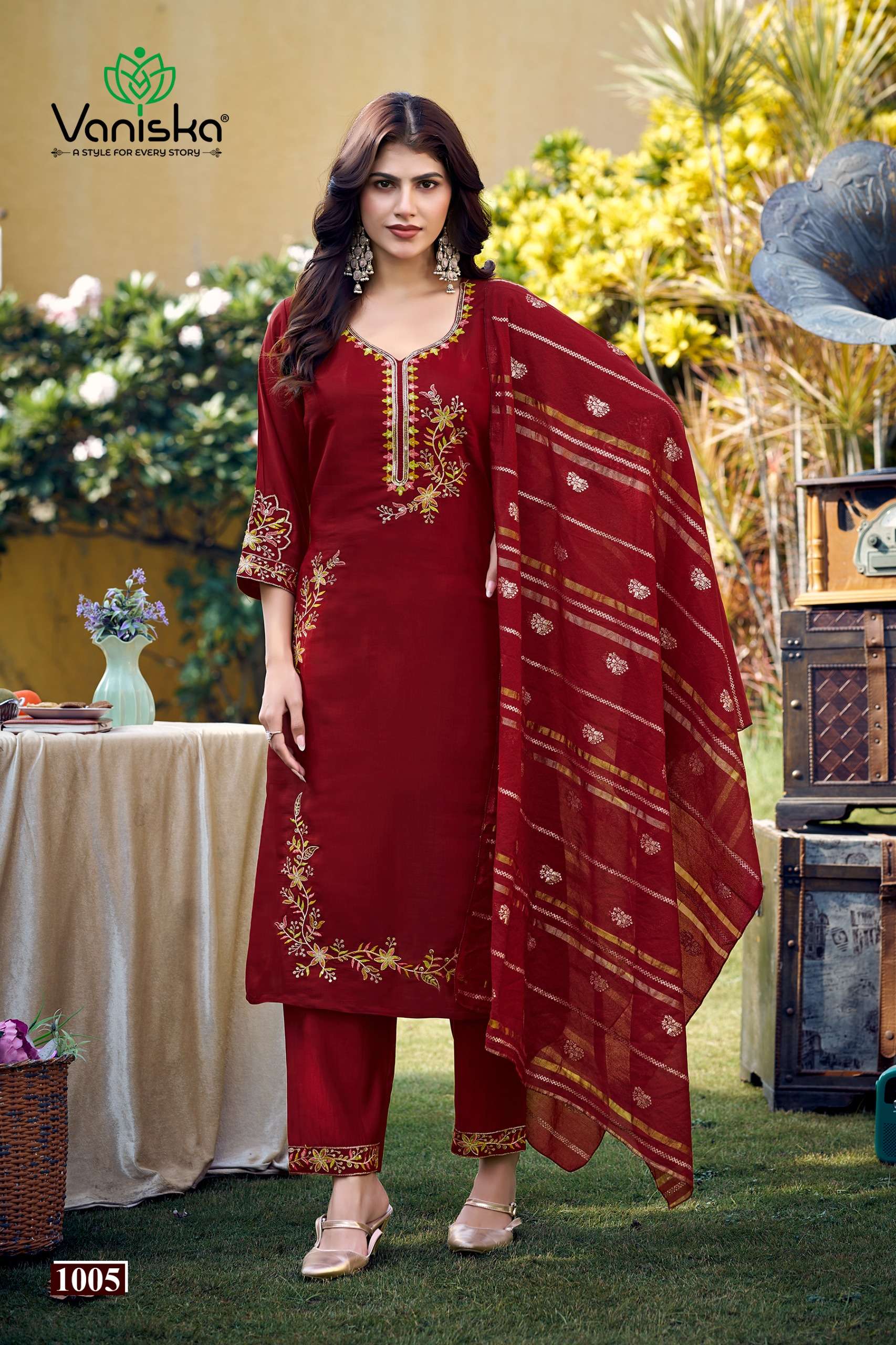 VANISKA GULZAR CHANDERI SILK FANCY EMBROIDERIES STRAIGHT KURTI WITH PANT &  DUPATTA SET