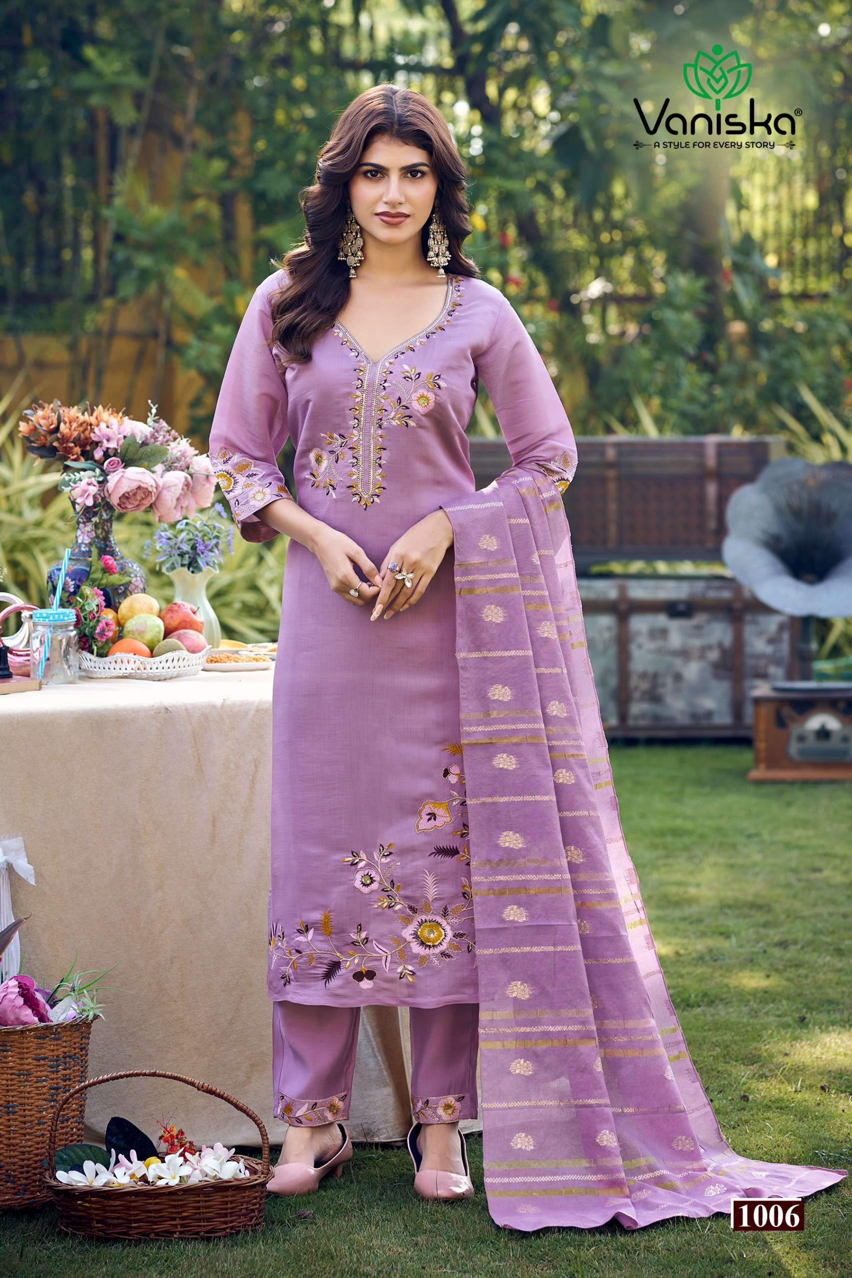 VANISKA GULZAR CHANDERI SILK FANCY EMBROIDERIES STRAIGHT KURTI WITH PANT &  DUPATTA SET