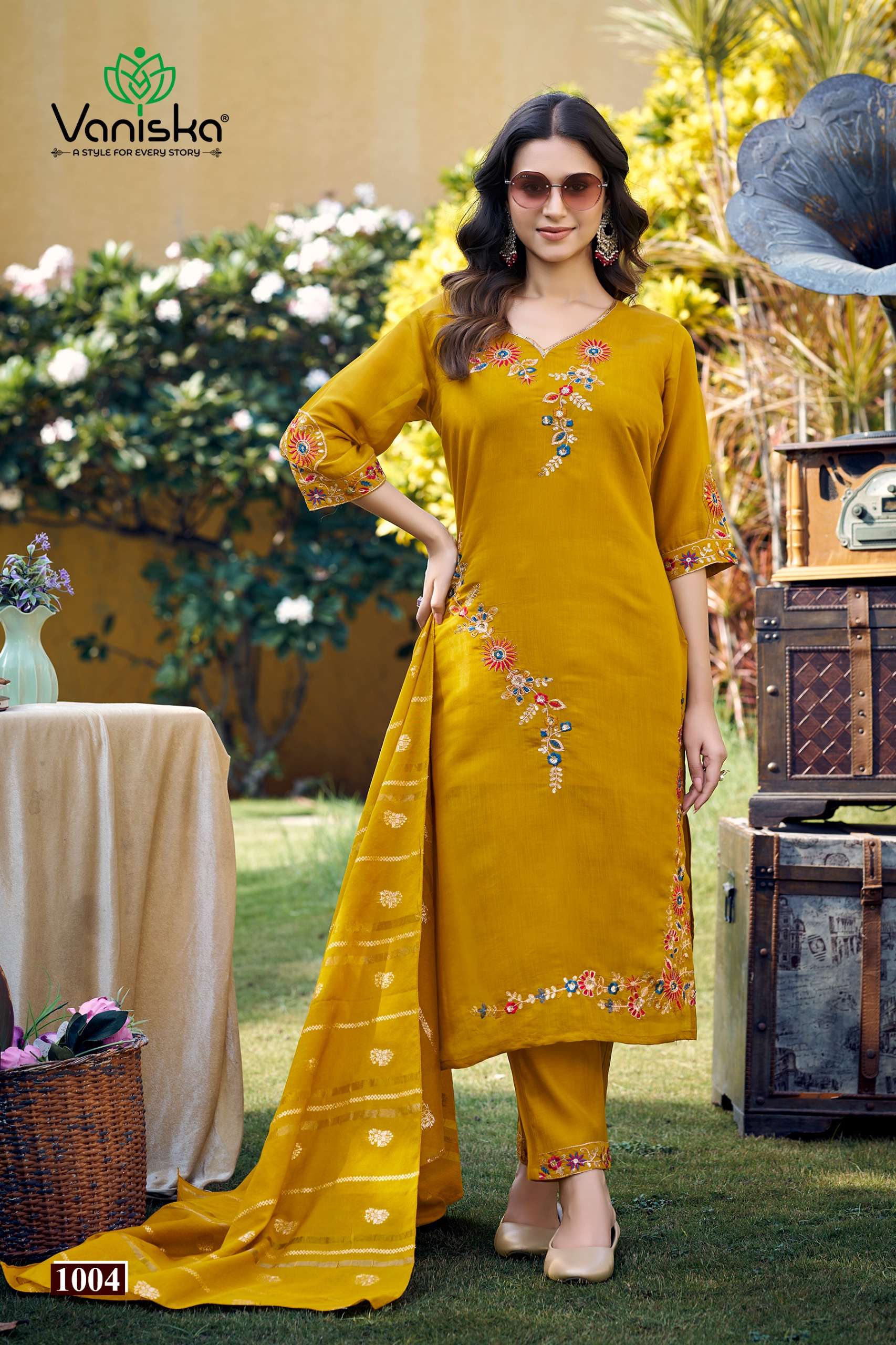 VANISKA GULZAR CHANDERI SILK FANCY EMBROIDERIES STRAIGHT KURTI WITH PANT &  DUPATTA SET