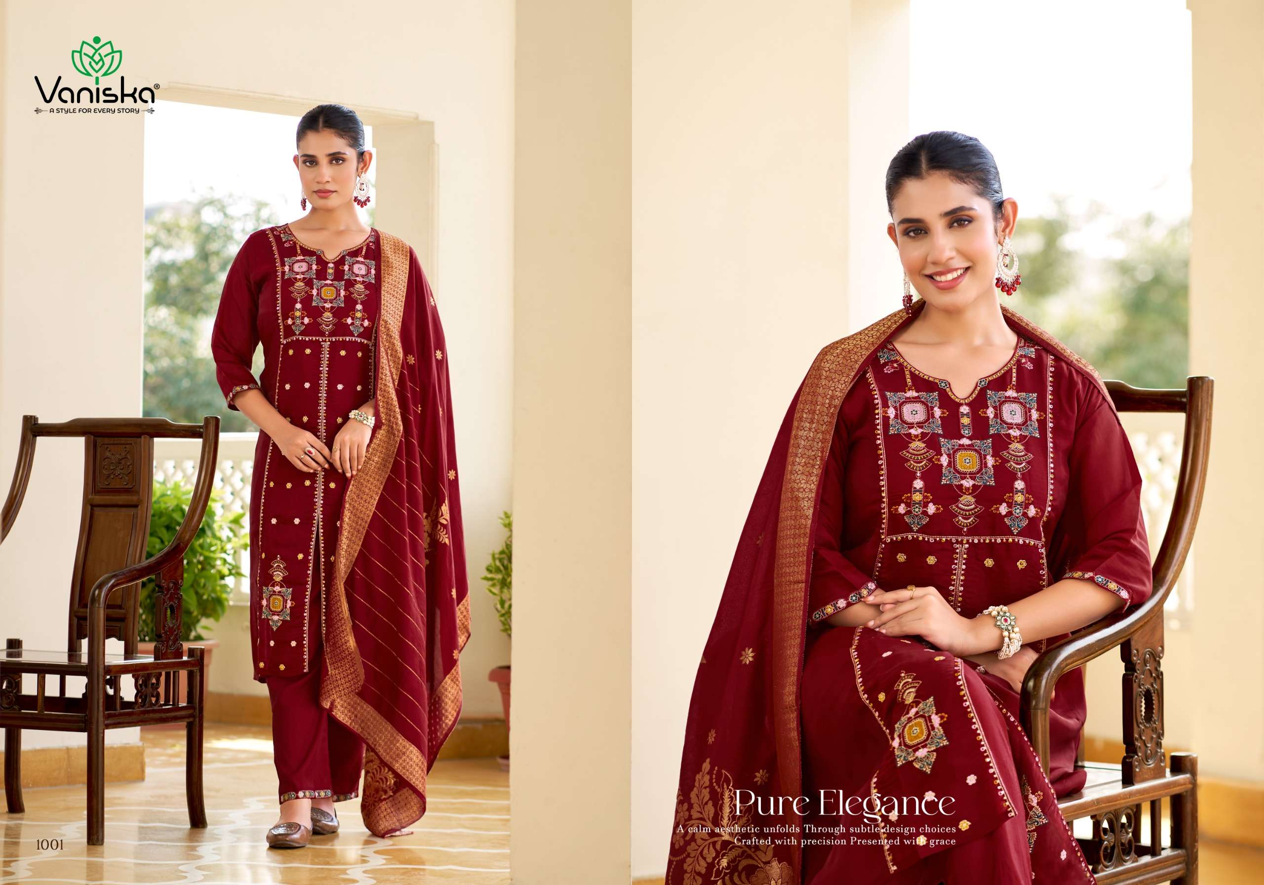 VANISKA SAYURI VOL 1 SILK EMBROIDERY DESIGNER WORK A LINE  STYLE KURTI PANT &  DUPATTA SET
