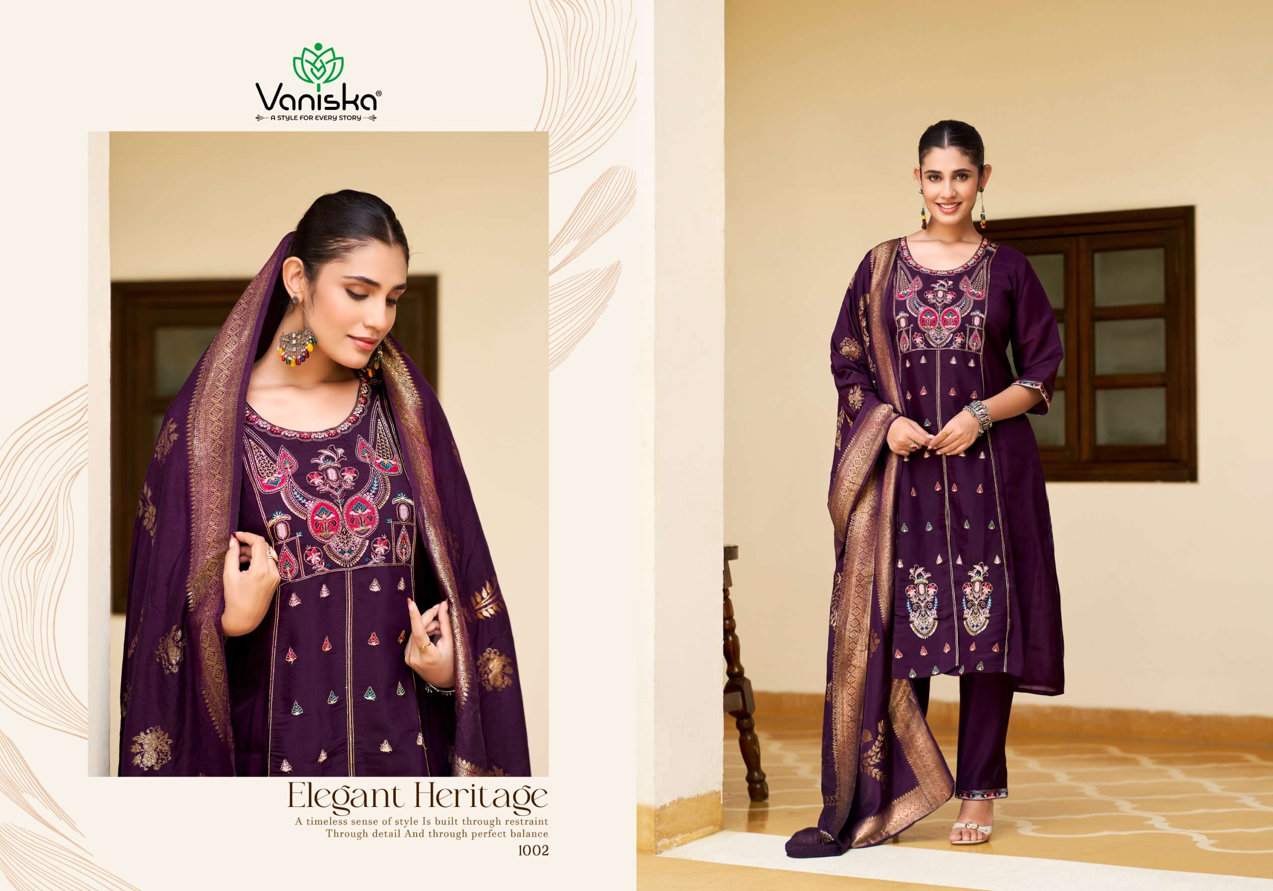 VANISKA SAYURI VOL 1 SILK EMBROIDERY DESIGNER WORK A LINE  STYLE KURTI PANT &  DUPATTA SET