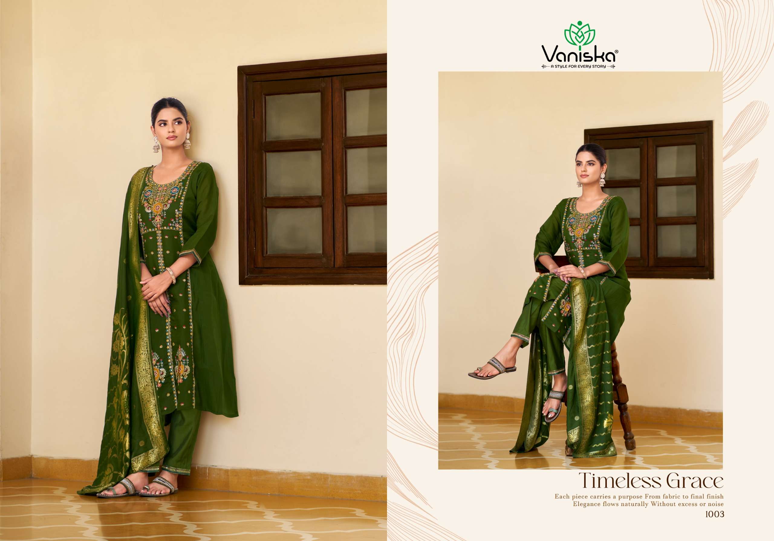 VANISKA SAYURI VOL 1 SILK EMBROIDERY DESIGNER WORK A LINE  STYLE KURTI PANT &  DUPATTA SET