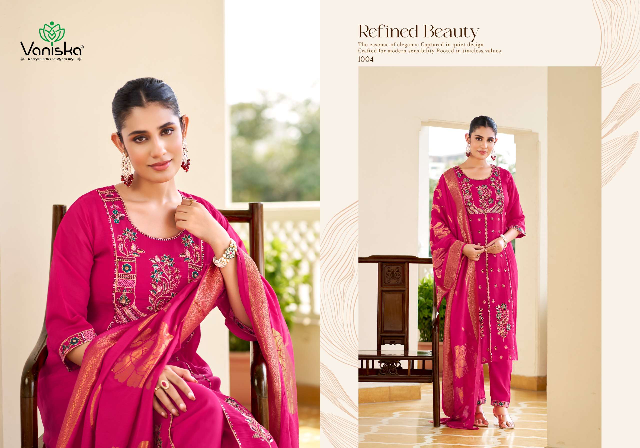 VANISKA SAYURI VOL 1 SILK EMBROIDERY DESIGNER WORK A LINE  STYLE KURTI PANT &  DUPATTA SET