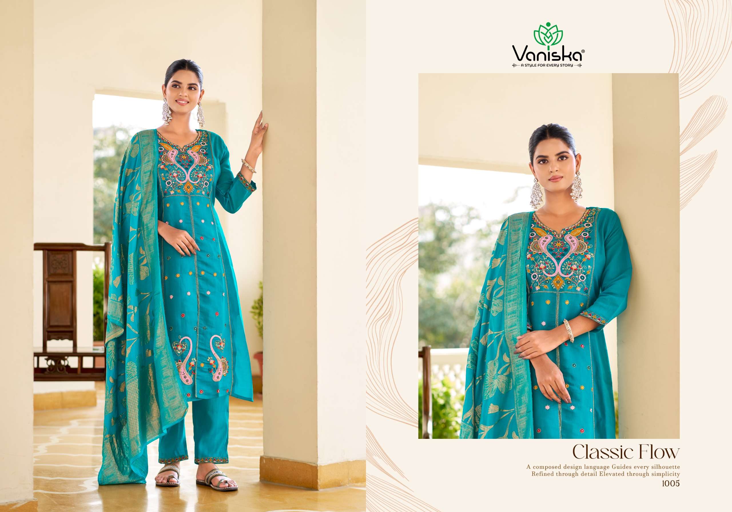 VANISKA SAYURI VOL 1 SILK EMBROIDERY DESIGNER WORK A LINE  STYLE KURTI PANT &  DUPATTA SET