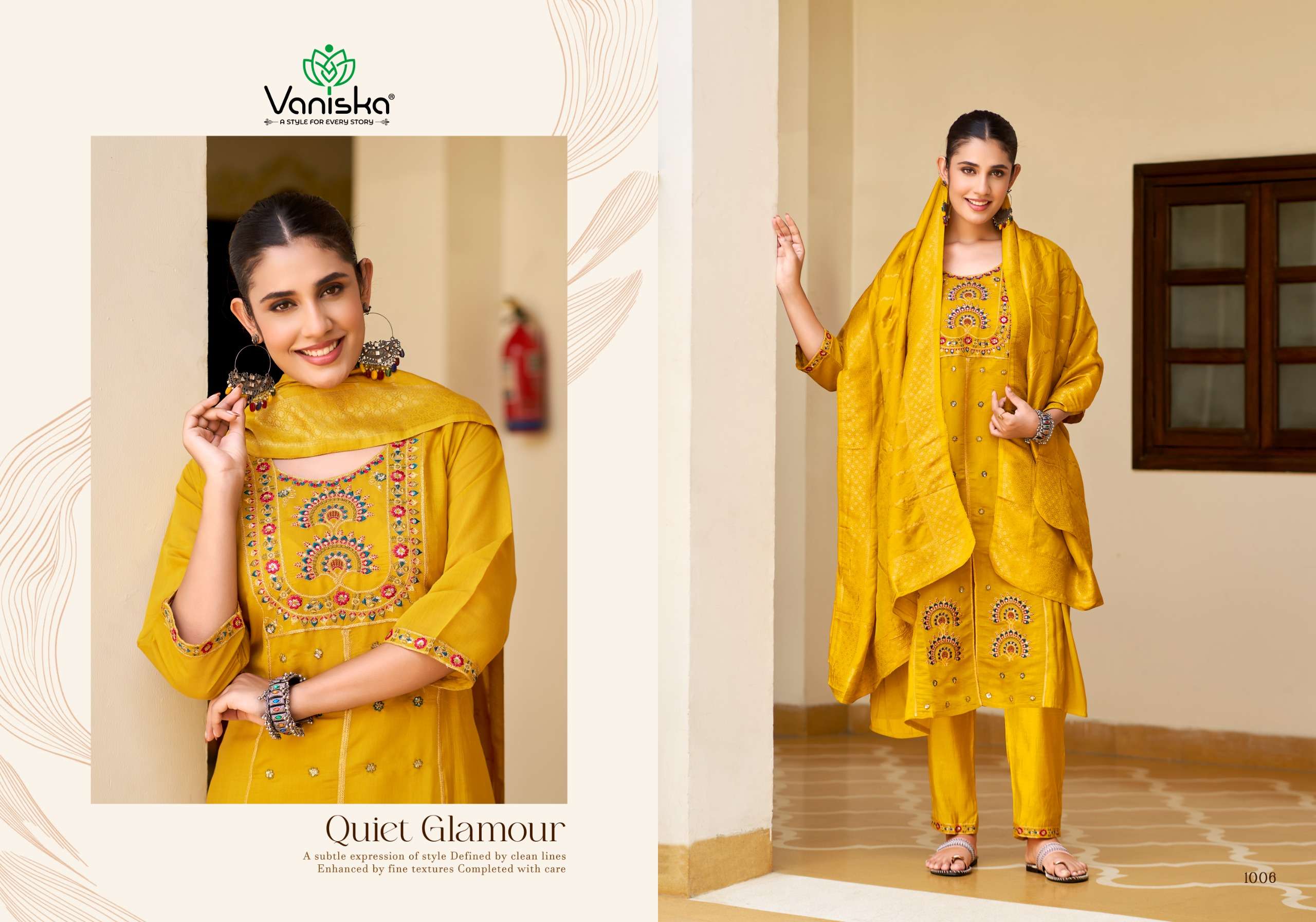 VANISKA SAYURI VOL 1 SILK EMBROIDERY DESIGNER WORK A LINE  STYLE KURTI PANT &  DUPATTA SET