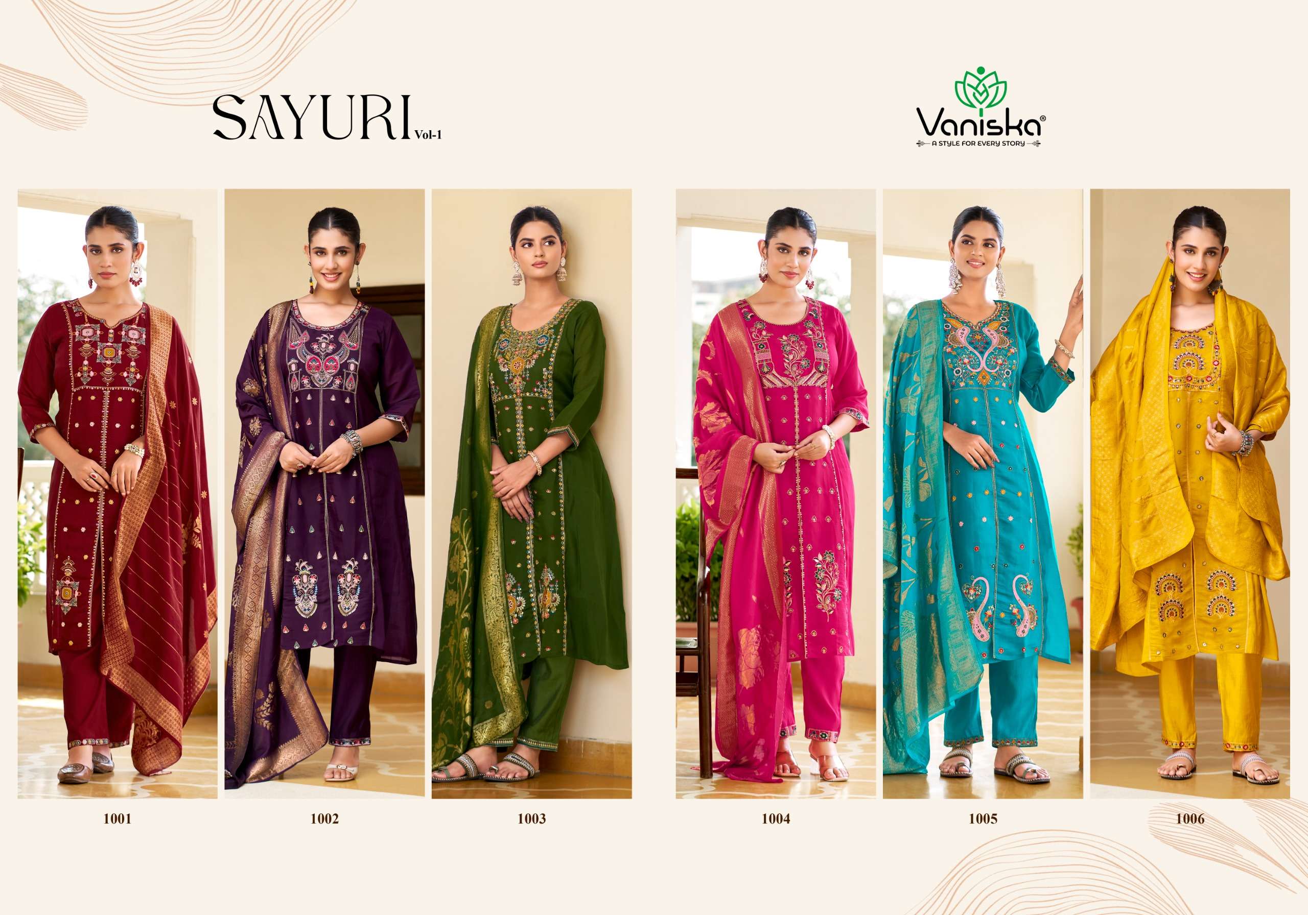 VANISKA SAYURI VOL 1 SILK EMBROIDERY DESIGNER WORK A LINE  STYLE KURTI PANT &  DUPATTA SET