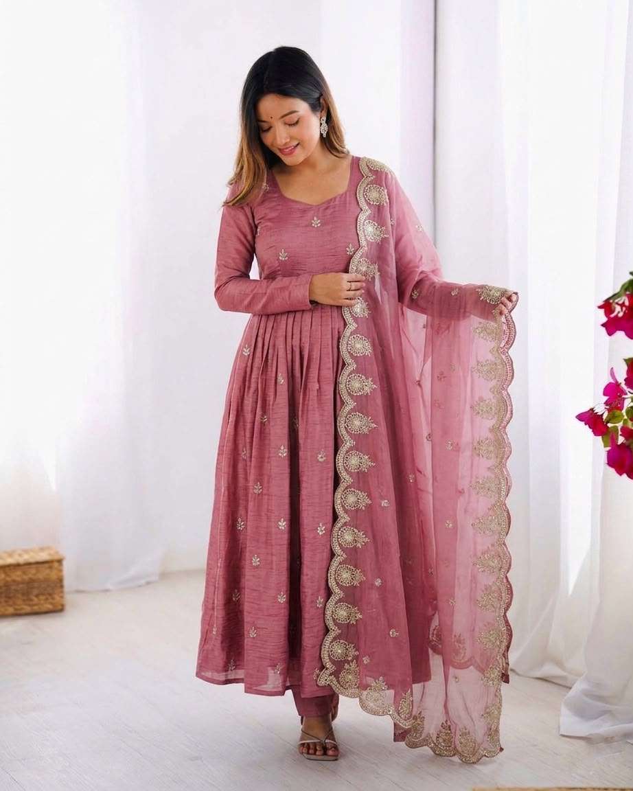 ZF 417 CRUSH SILK FABRICS BEAUTIFUL DESIGNER LOOK PARTY WEAR ANARKALI GOWN STYLE SUIT 