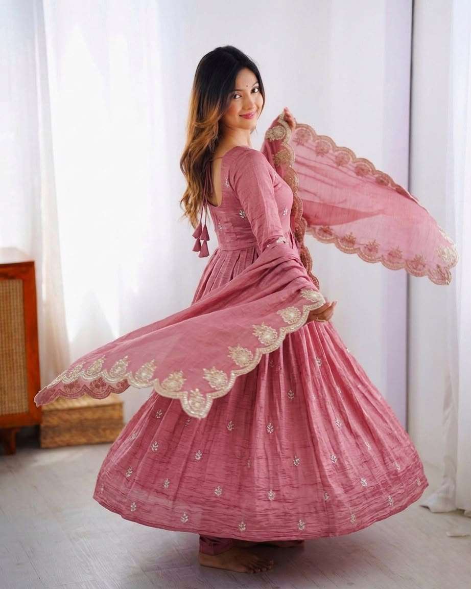 ZF 417 CRUSH SILK FABRICS BEAUTIFUL DESIGNER LOOK PARTY WEAR ANARKALI GOWN STYLE SUIT 
