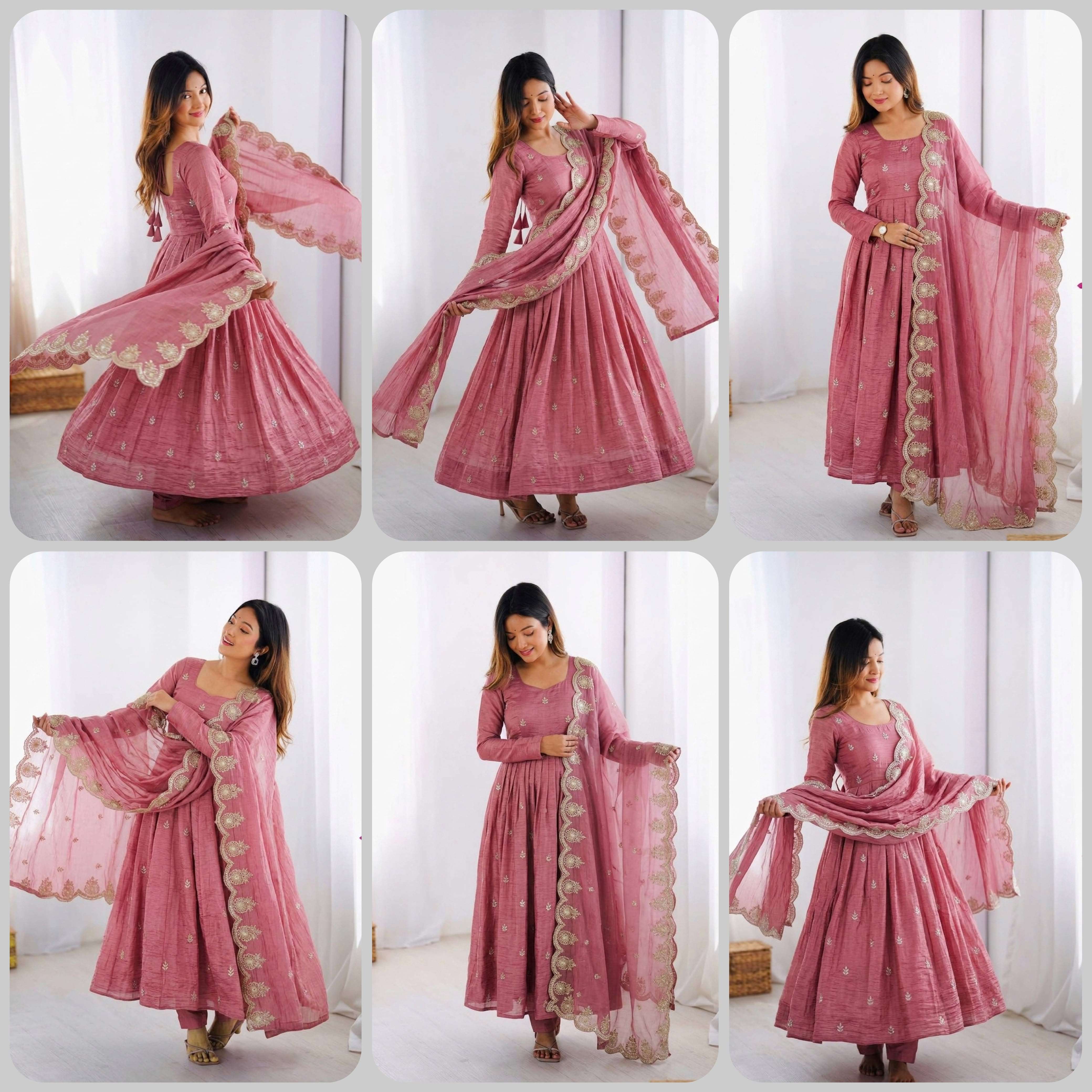 ZF 417 CRUSH SILK FABRICS BEAUTIFUL DESIGNER LOOK PARTY WEAR ANARKALI GOWN STYLE SUIT 