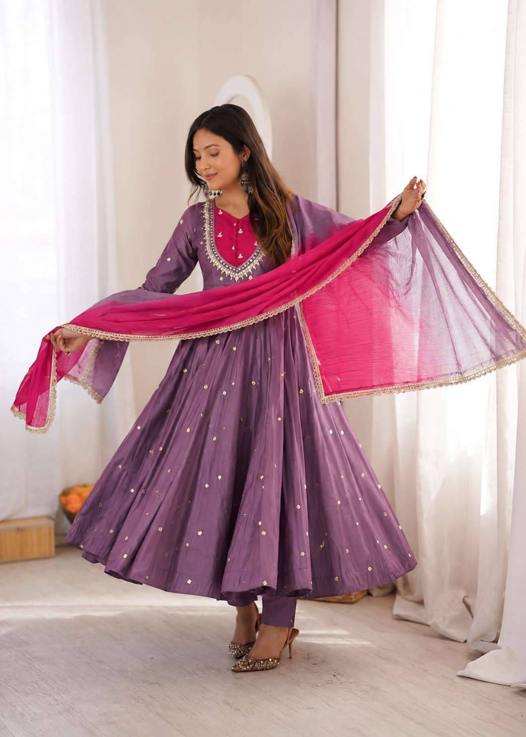 ZF 5023 SILK SEQUENCE EMBROIDERY DESIGNER WORK READY MADE ANARKALI GOWN STYLE SUIT
