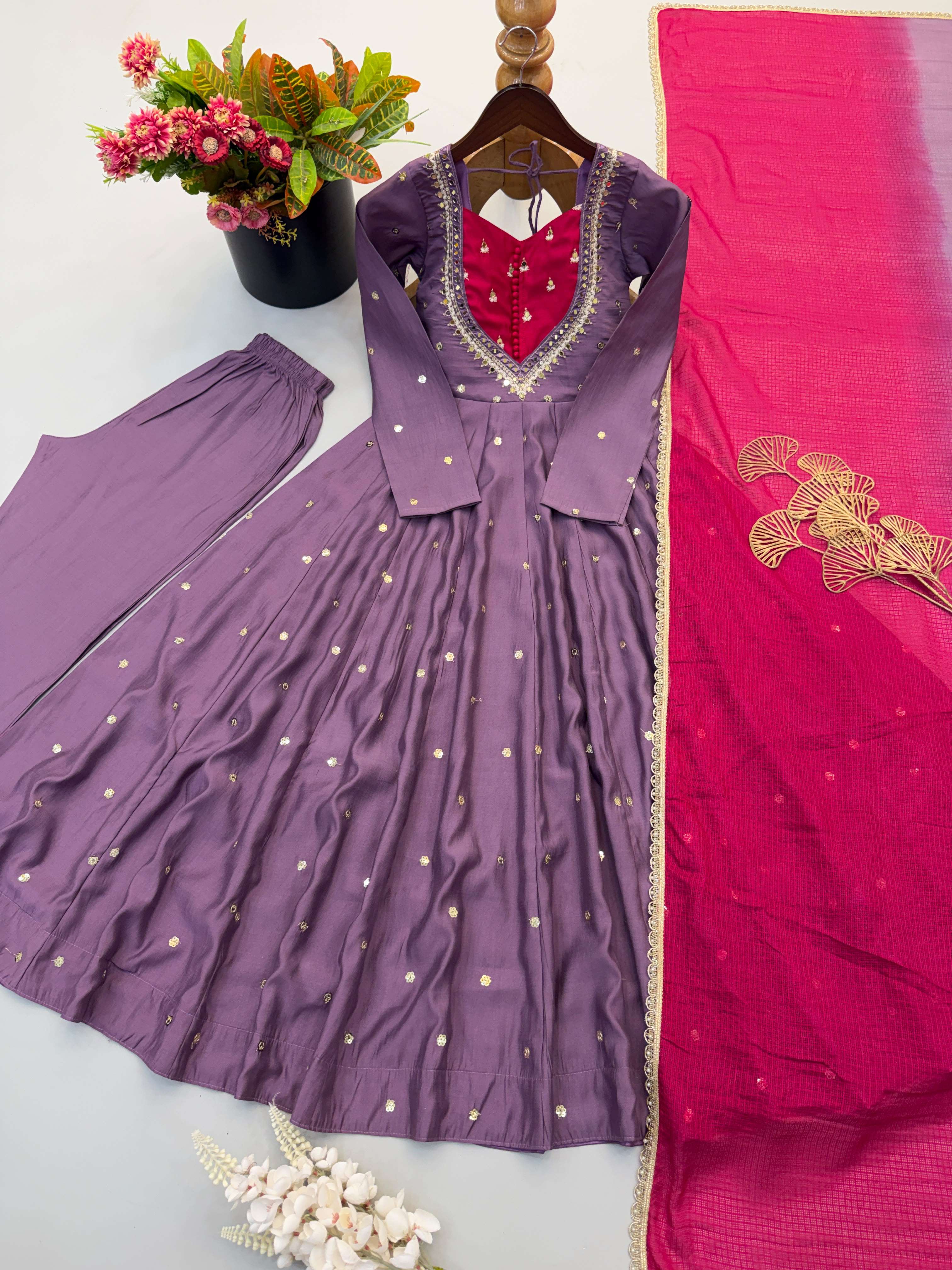 ZF 5023 SILK SEQUENCE EMBROIDERY DESIGNER WORK READY MADE ANARKALI GOWN STYLE SUIT