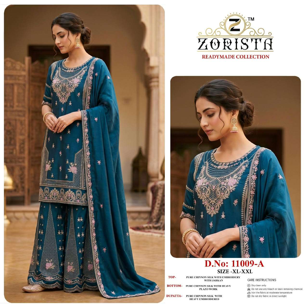 ZORISTA D NO 11009 SILK EMBROIDERED DESIGNER WORK READY MADE PAKISTANI SUIT 