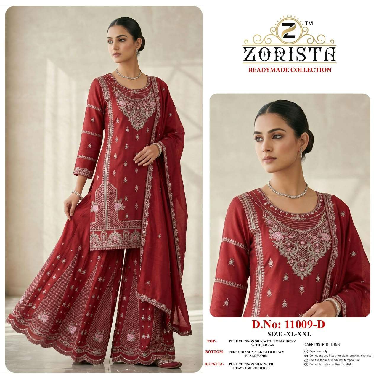 ZORISTA D NO 11009 SILK EMBROIDERED DESIGNER WORK READY MADE PAKISTANI SUIT 