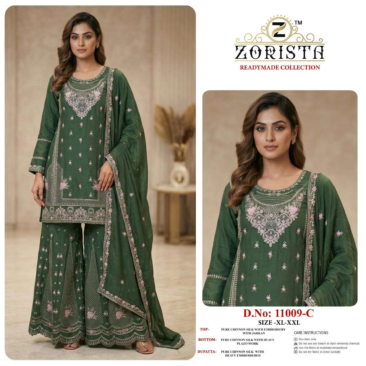 ZORISTA D NO 11009 SILK EMBROIDERED DESIGNER WORK READY MADE PAKISTANI SUIT 