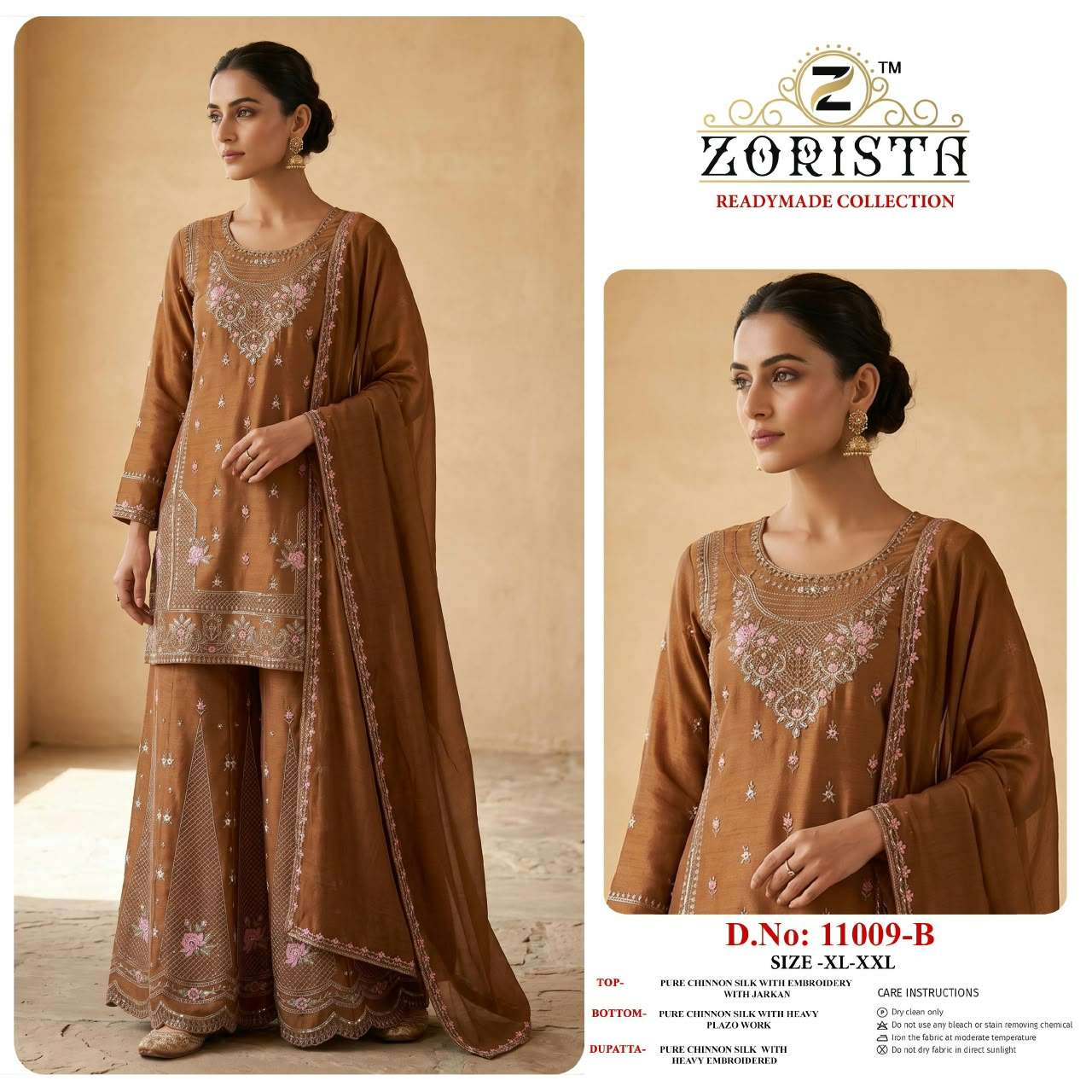 ZORISTA D NO 11009 SILK EMBROIDERED DESIGNER WORK READY MADE PAKISTANI SUIT 