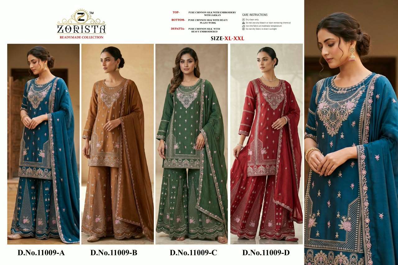 ZORISTA D NO 11009 SILK EMBROIDERED DESIGNER WORK READY MADE PAKISTANI SUIT 